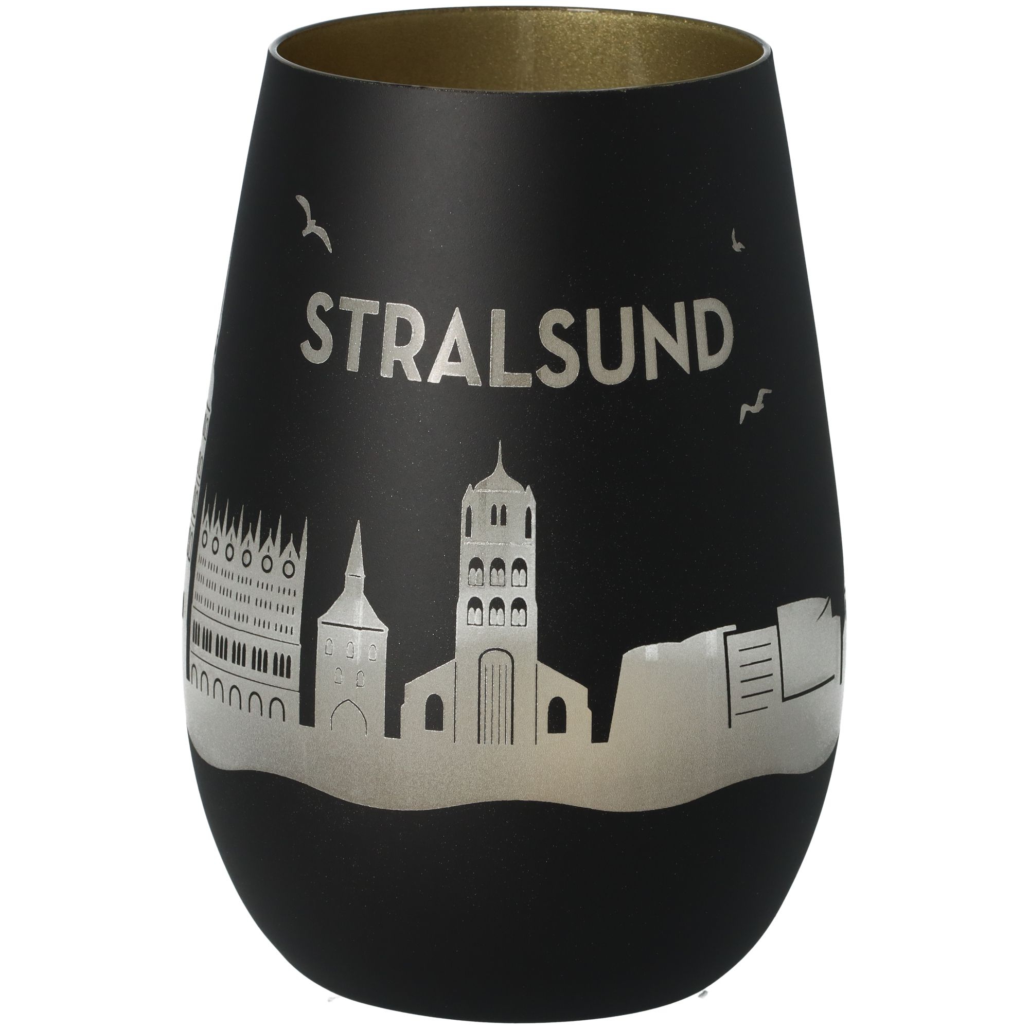 Windlicht Skyline Stralsund Schwarz/Gold