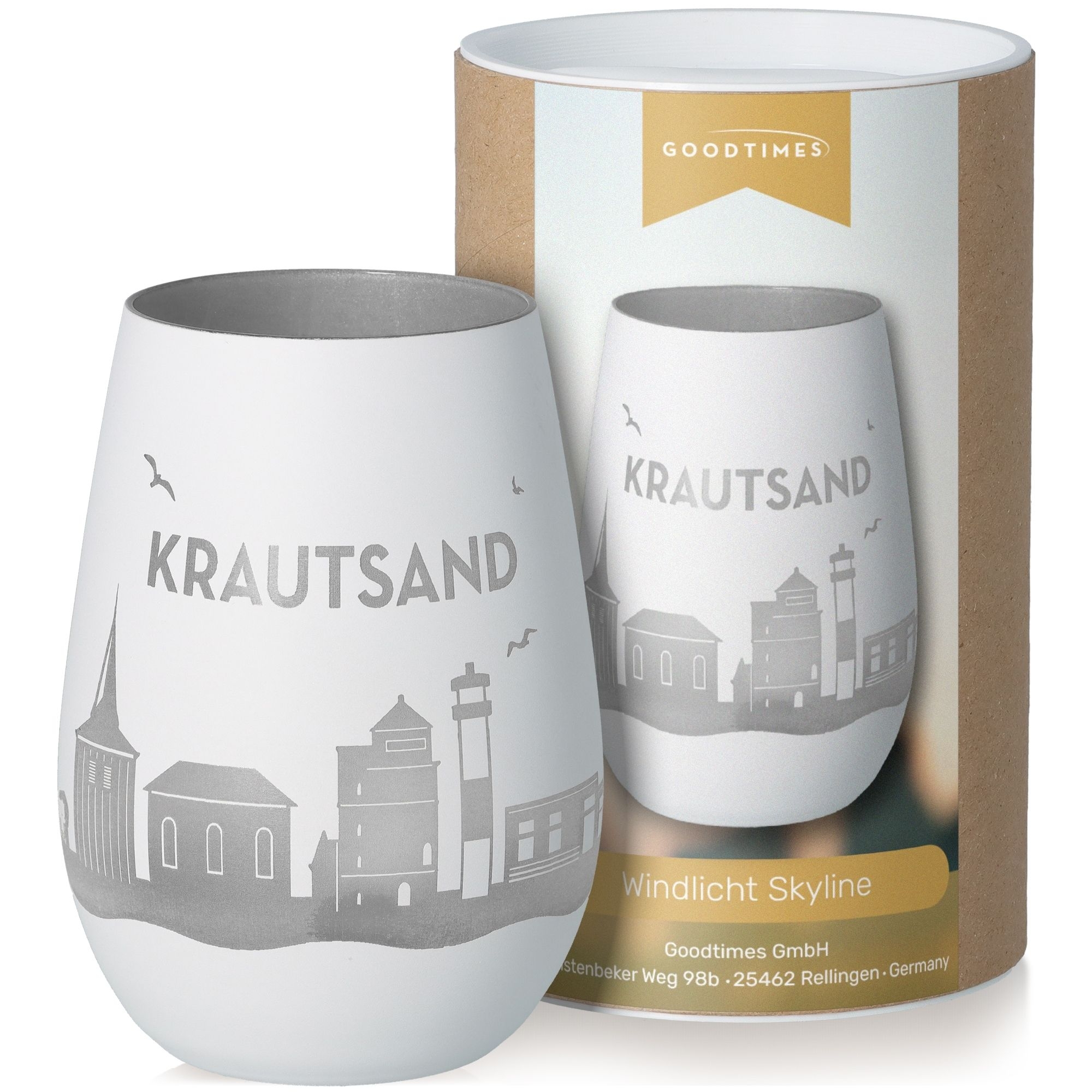 Windlicht Skyline Krautsand Weiß/Silber Töpferei, Krug, Tasse, Glas