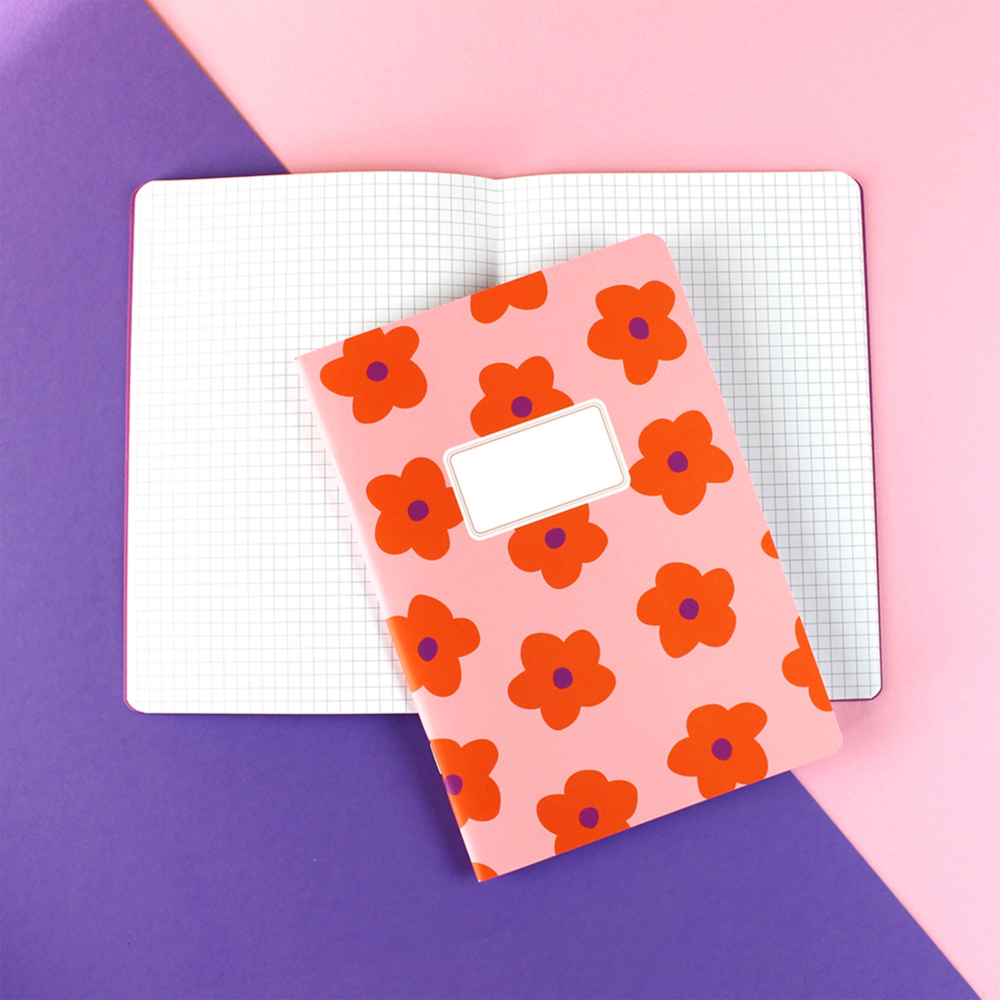 Notizbuch, rosa Umschlag, Blumenmuster, Journal, rechteckiges Etikett