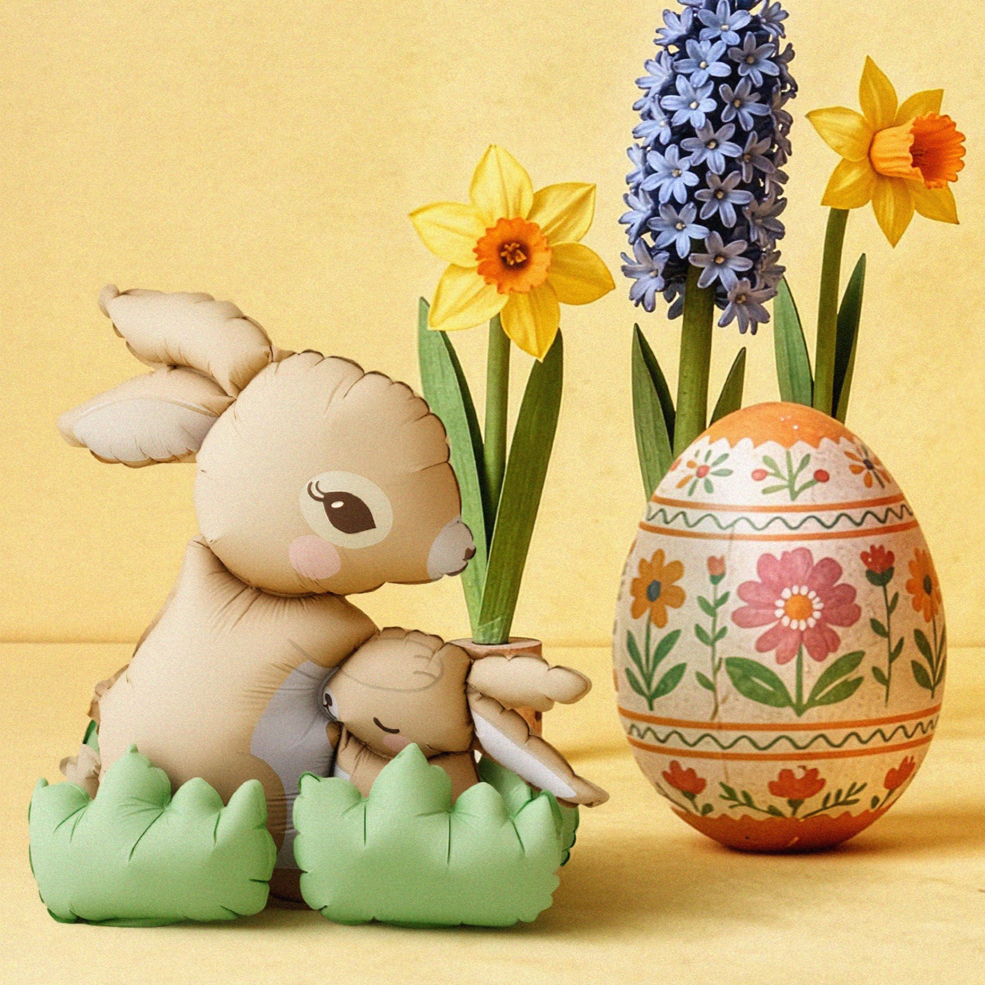 stoffhase, lufthase, osterei, blumenvasen, pastellfarben