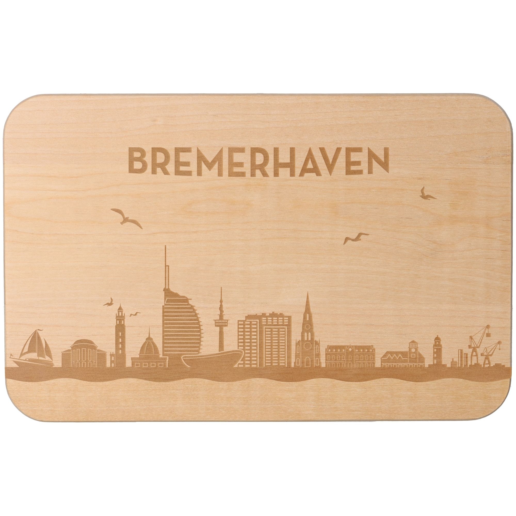 Frühstücksbrett Skyline Bremerhaven 23cm x 15cm x 1cm Holz, Sperrholz, Matte, Boot, Vogel