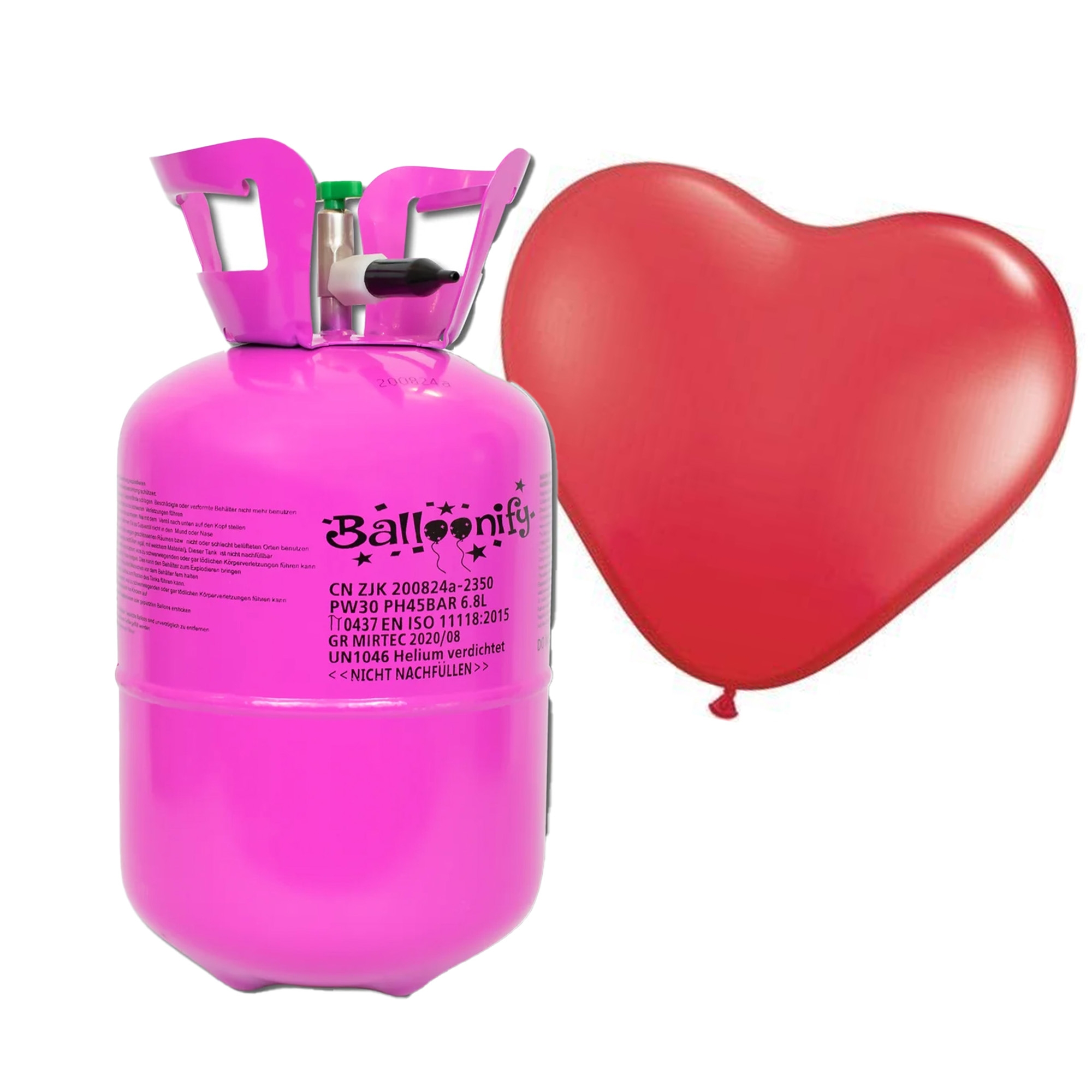 30er Ballonset: 30 rote Herzballons (23 cm) und Bänder mit Helium Einweg-Flasche Zylinder, Ballon