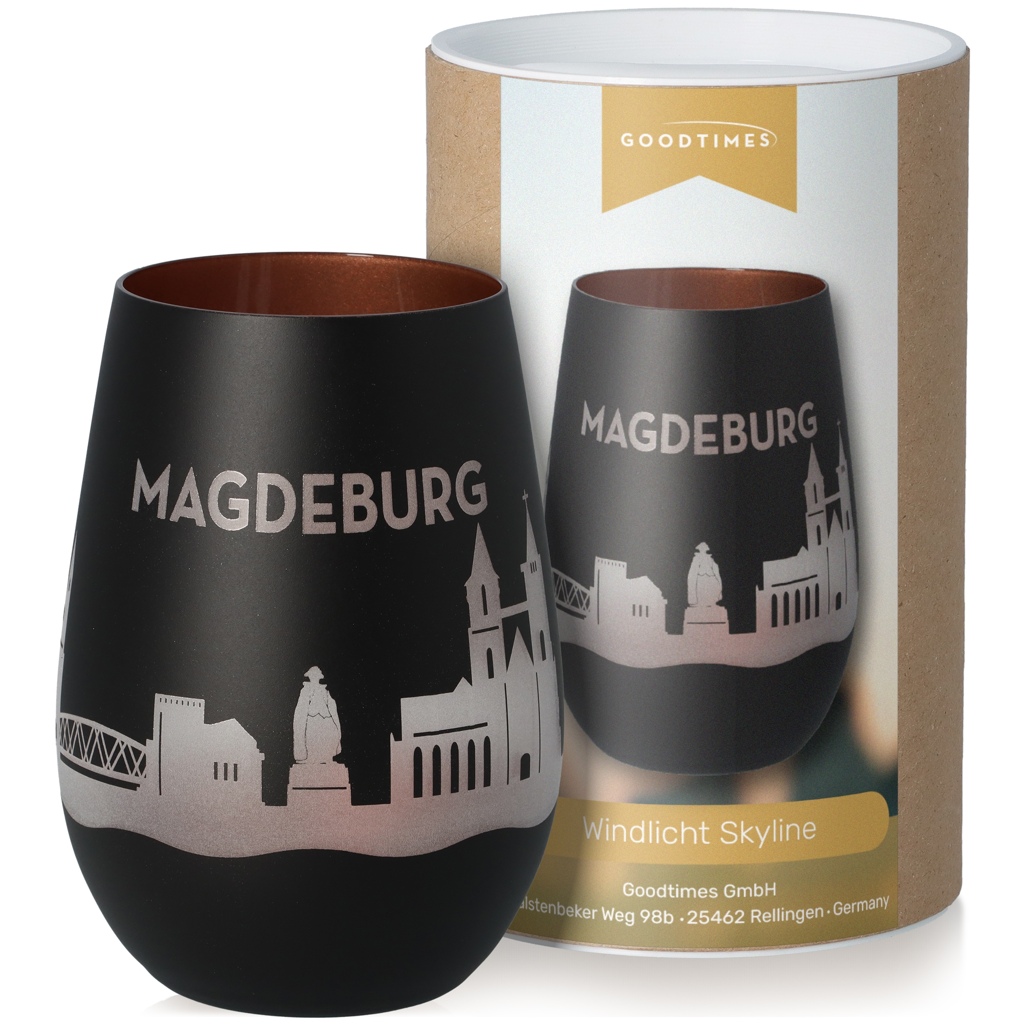 Windlicht Skyline Magdeburg Schwarz/Bronze Töpferei, Krug, Tasse