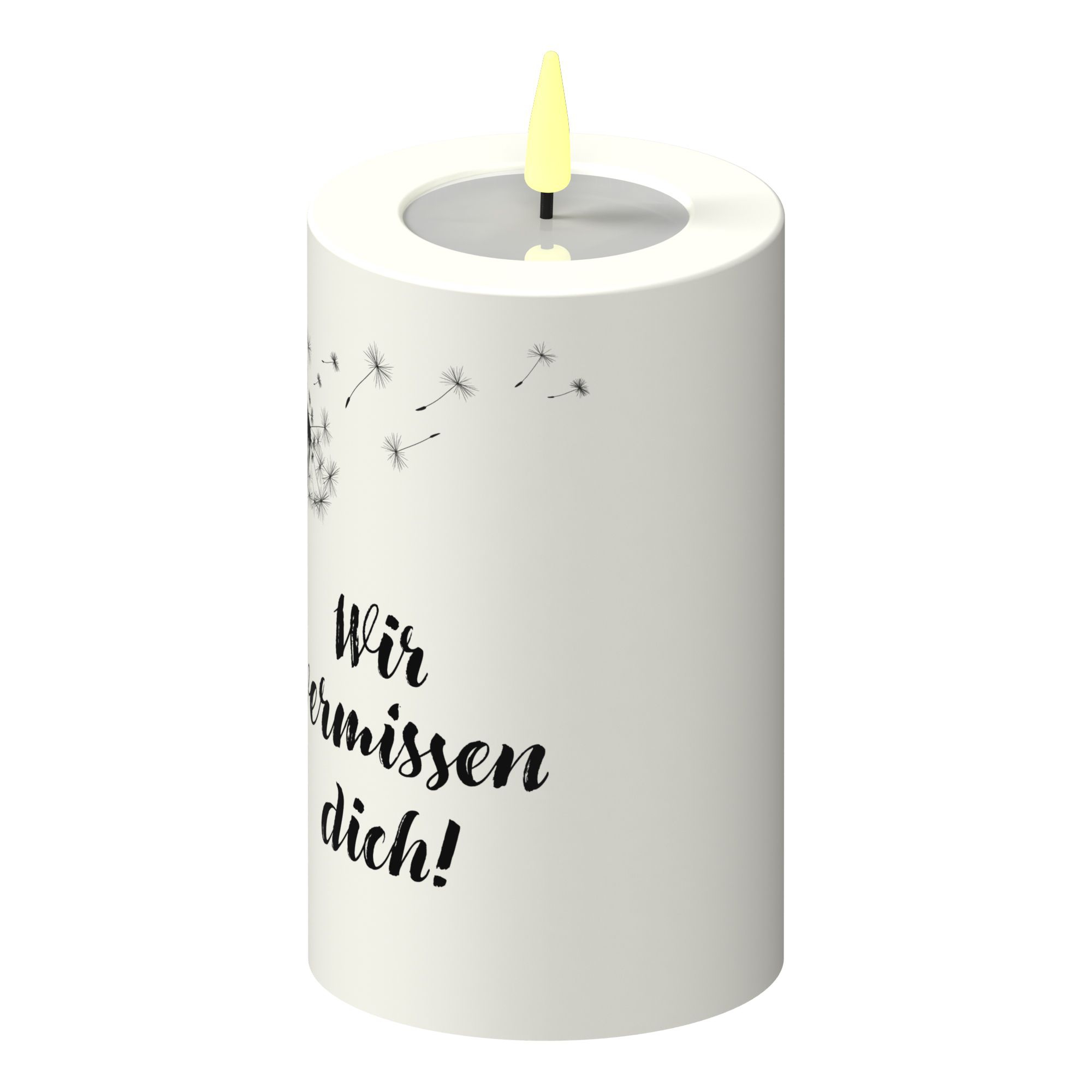 LED Stumpenkerze Weiß Pusteblume "Wir vermissen dich!" LED Stumpenkerze Weiß Pusteblume "Wir vermissen dich!"