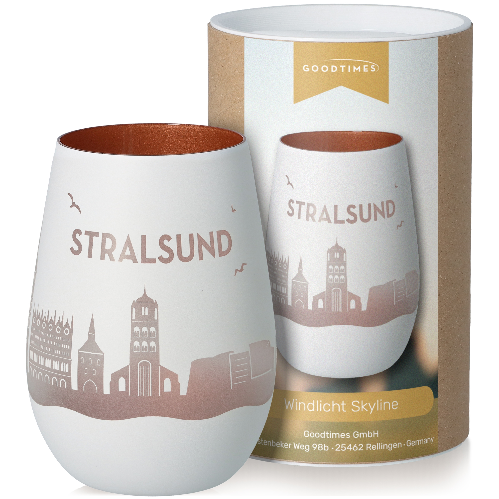 Windlicht Skyline Stralsund Weiß/Bronze Töpferei, Tasse, Kunst, Porzellan, Glas