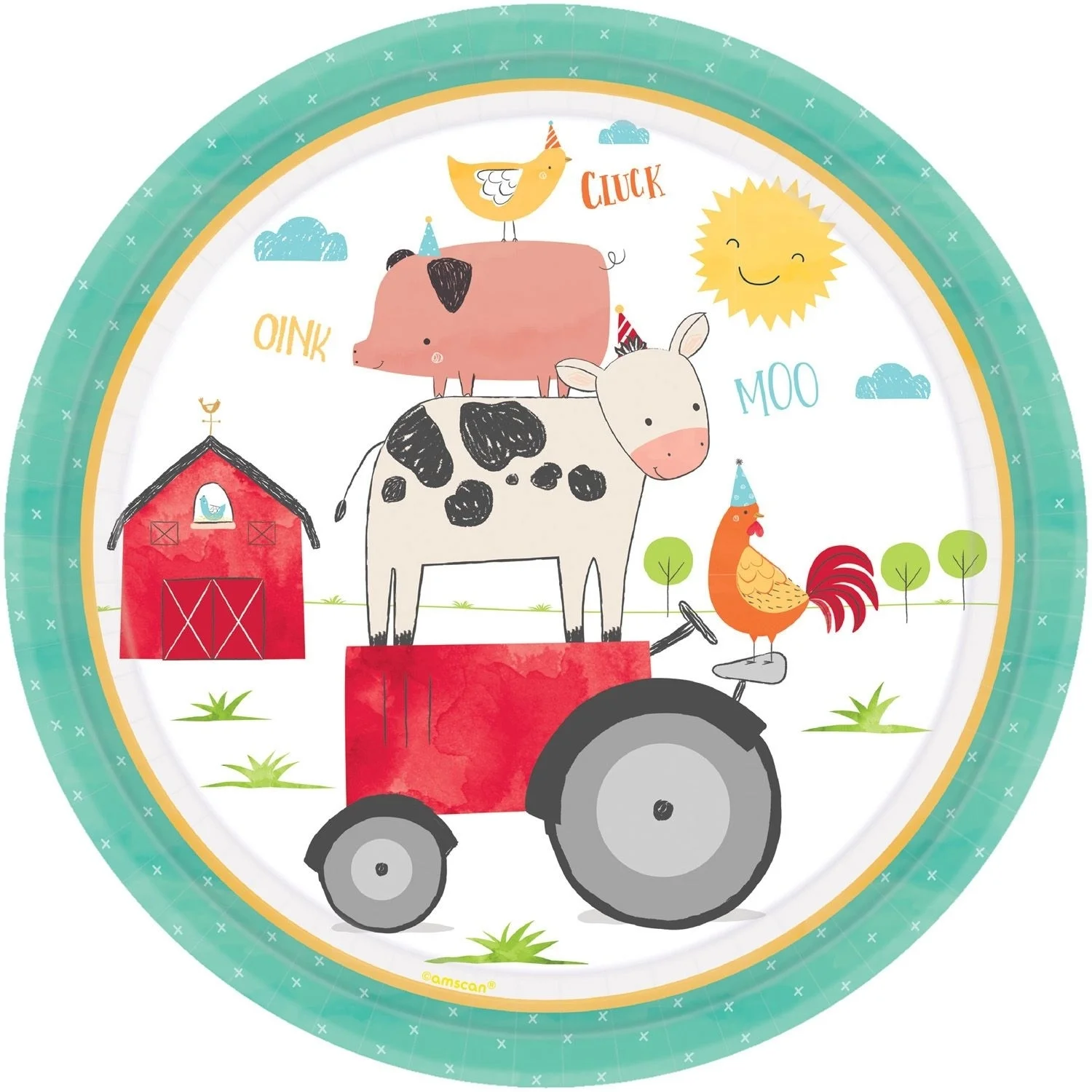 Pappteller, Farmtier, Milchkuh, Kuh auf Wagen, Sonnenaufgang