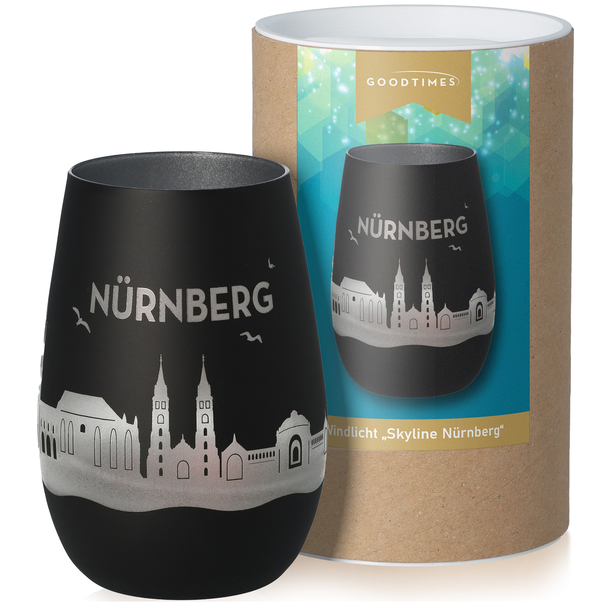 Windlicht Skyline Nürnberg Schwarz/Silber