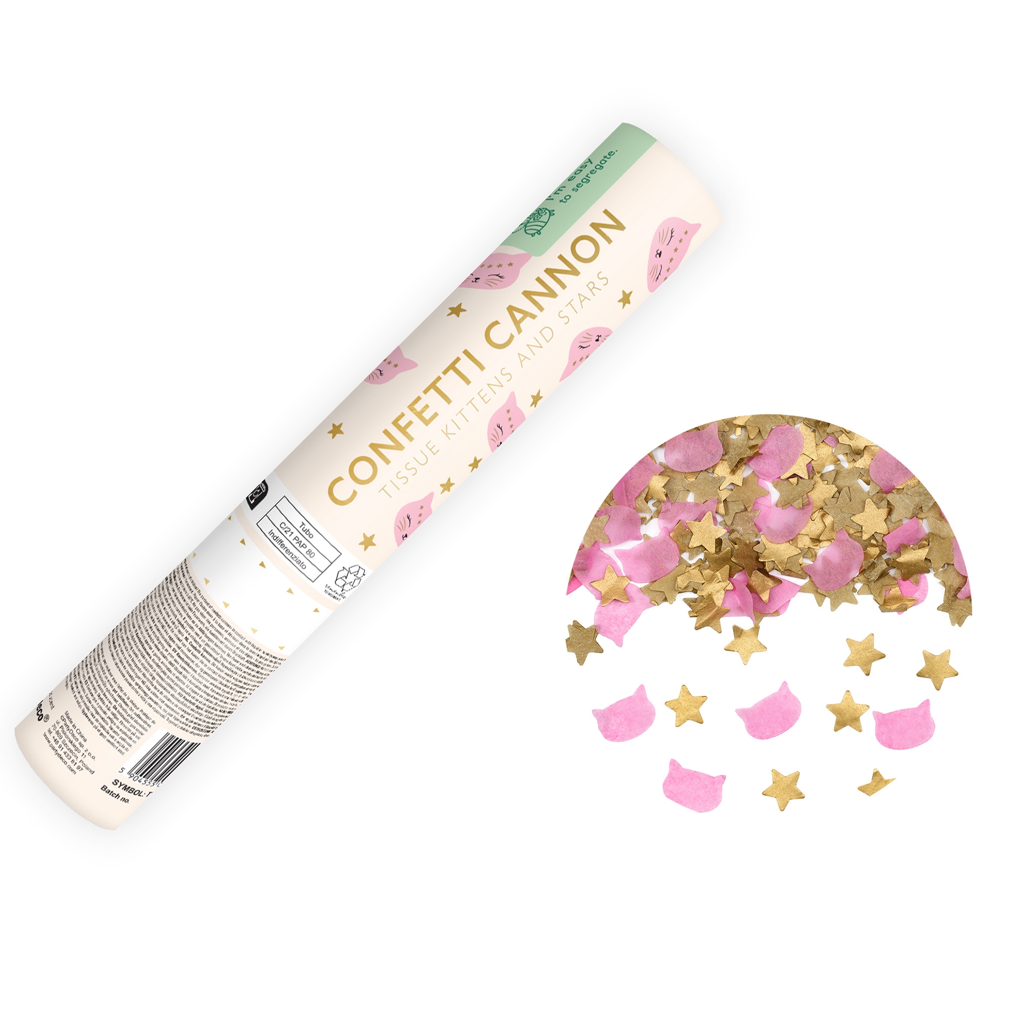 Konfetti Kanone mit pinken Katzen, 20 cm Kräuterig, Kräuter, Pflanze, Blütenblatt, Band