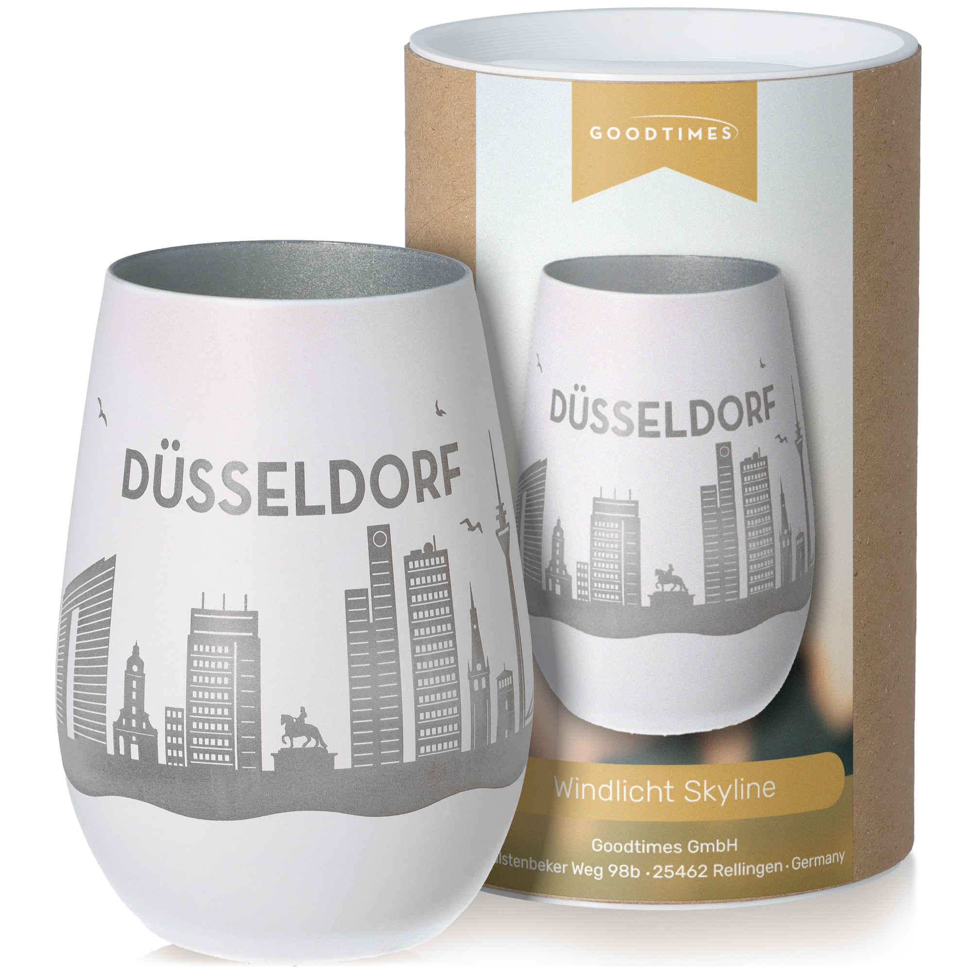 Windlicht Skyline Düsseldorf Weiß/Silber Windlicht Skyline Düsseldorf Weiß/Silber