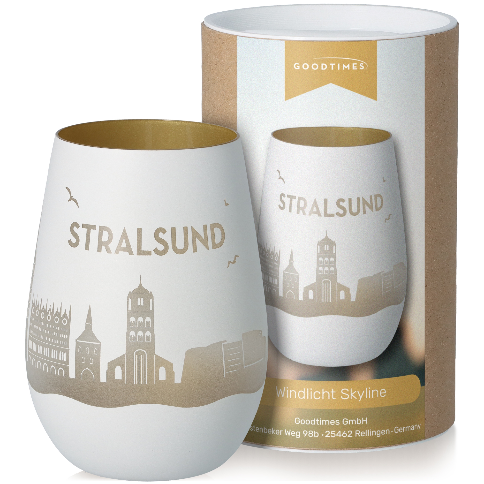 Windlicht Skyline Stralsund Weiß/Gold Töpferei, Krug, Tasse, Porzellan, Glas