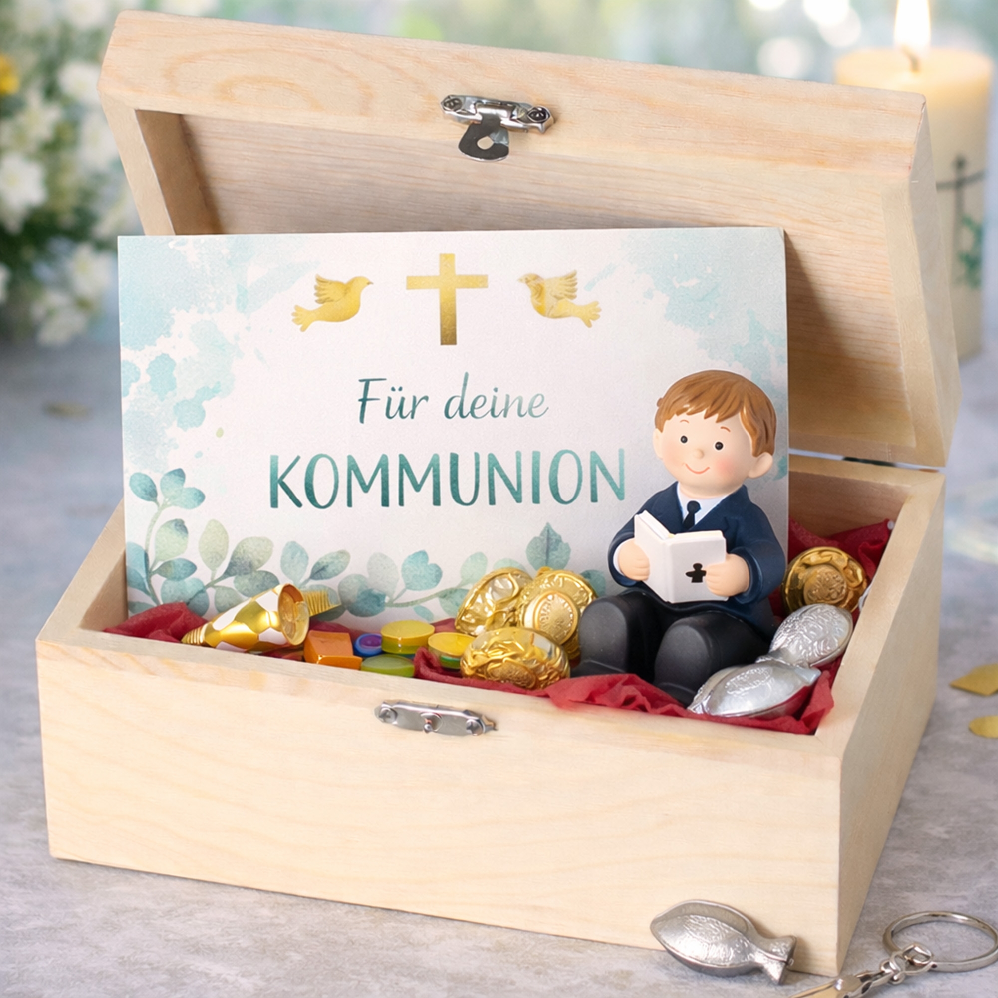 Holzkiste, Kreuz, Kommuniongeschenk, Schmuckdose, Figur