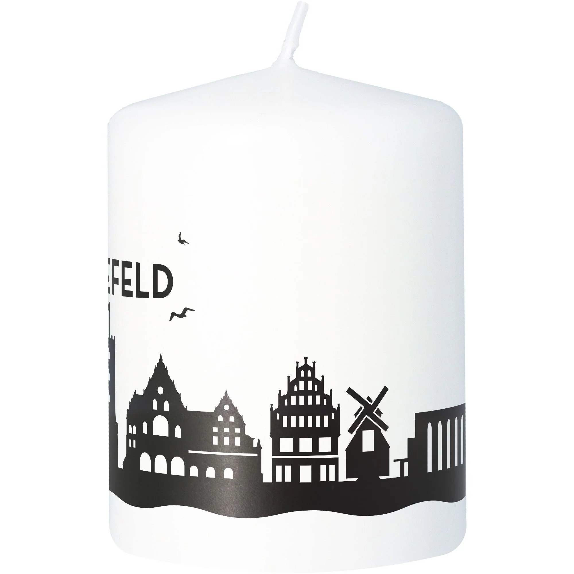 Stumpenkerze, LED Kerze, Stadt Silhouette, Schwarz-Weiß, Windmühle