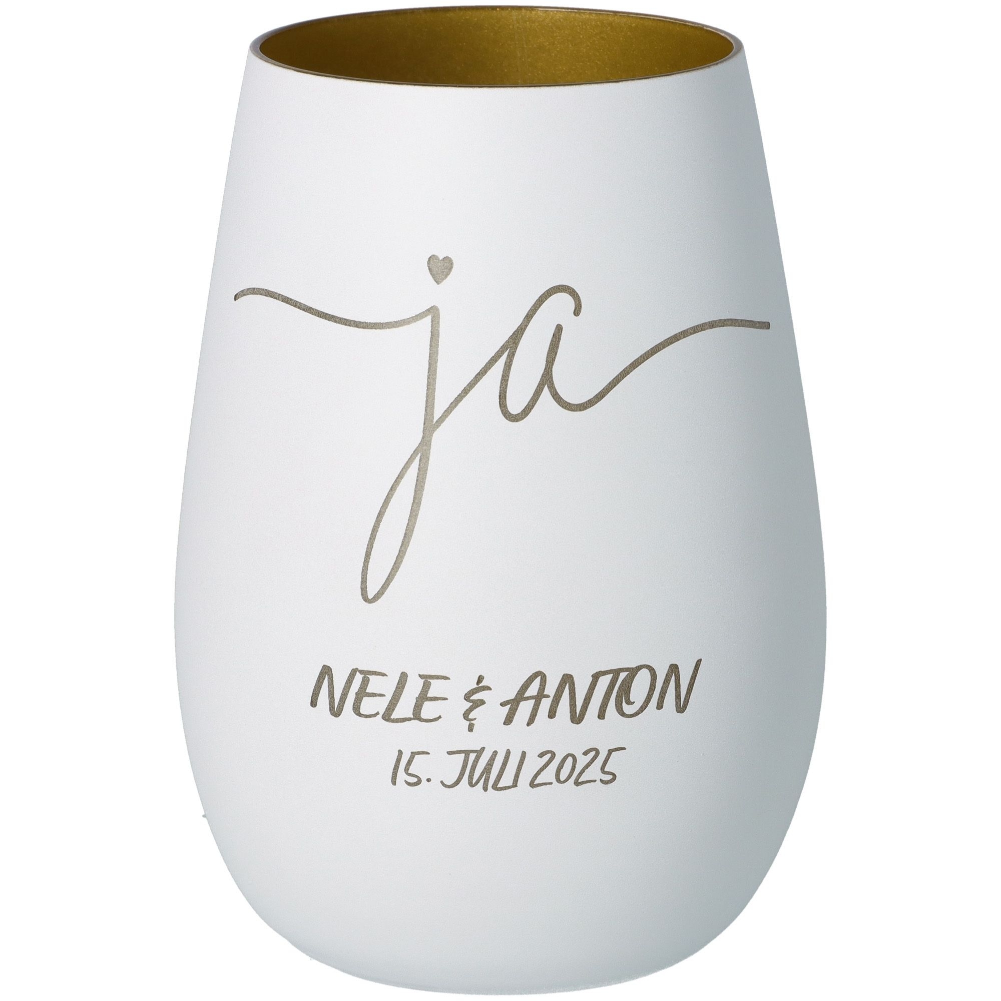 Windlicht Ja "Name+Datum" Weiß/Gold Krug, Töpferei, Vase