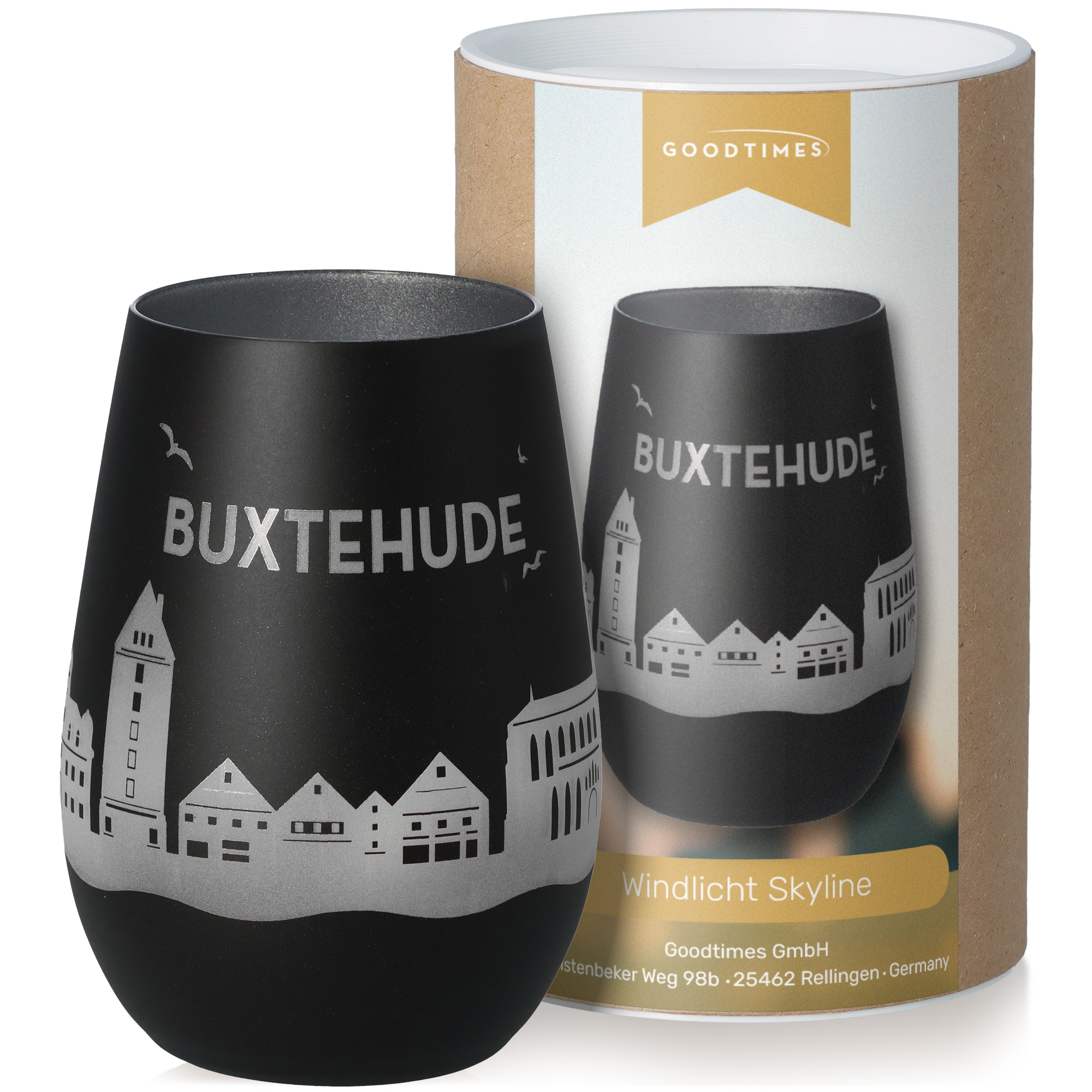 Windlicht Skyline Buxtehude Schwarz/Silber Krug, Töpferei