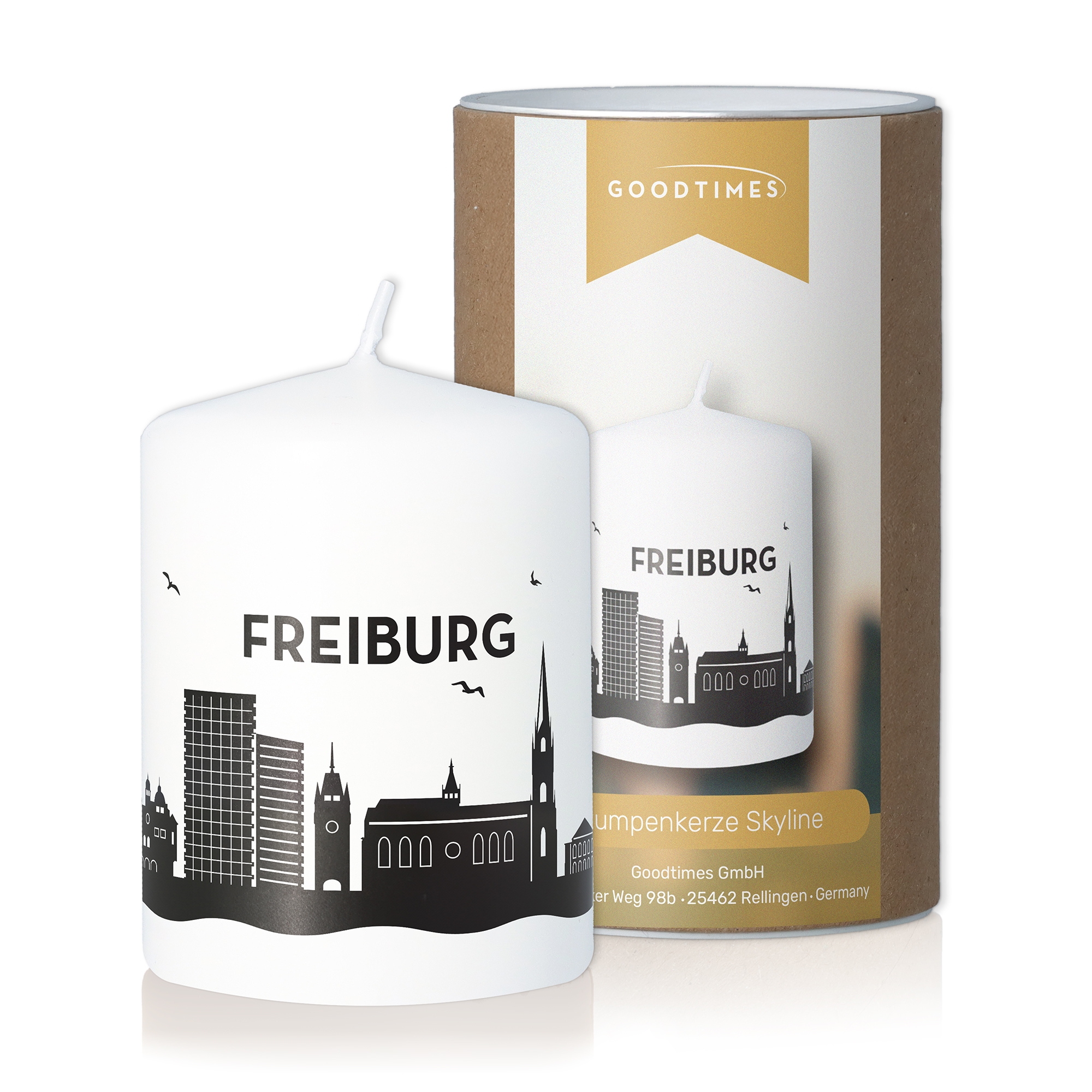 Stumpenkerze Skyline Freiburg Weiß