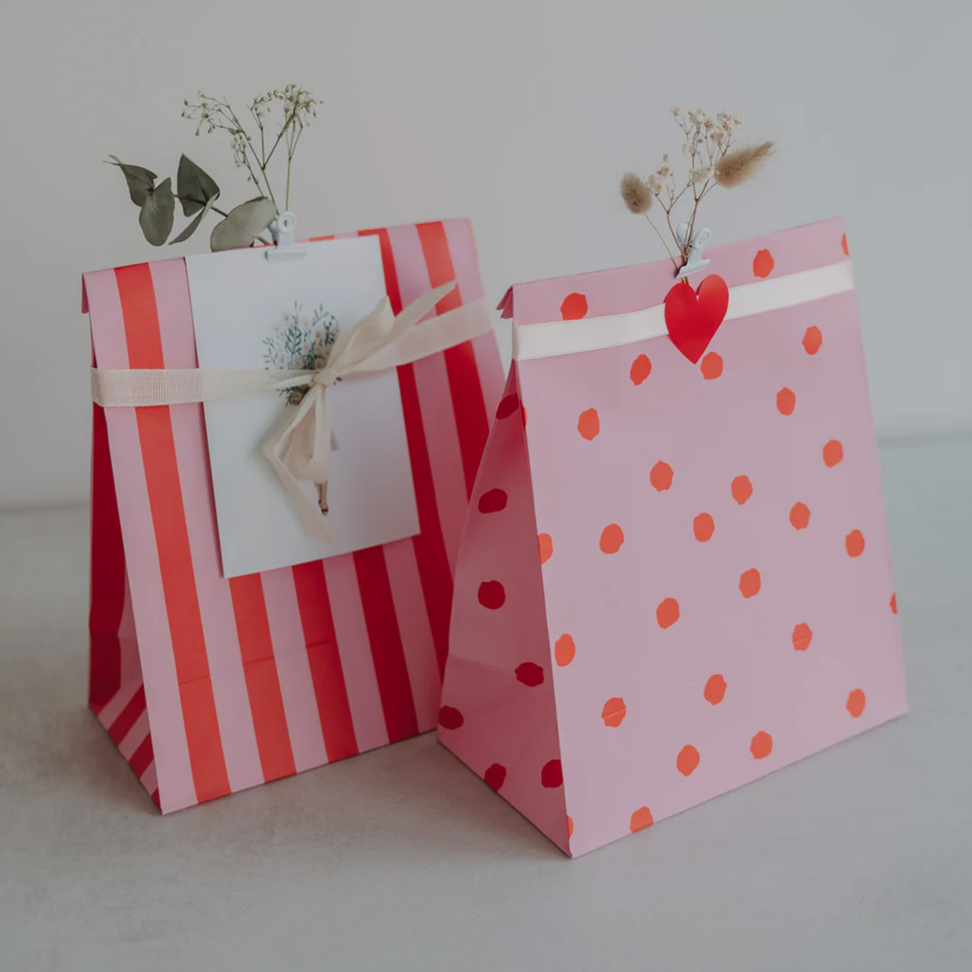 Eulenschnitt - 6er Set Papiertüten "Streifen & Punkte" Rosa M Geschenkverpackung, Geschenktasche, pink, Streifen, Punkte