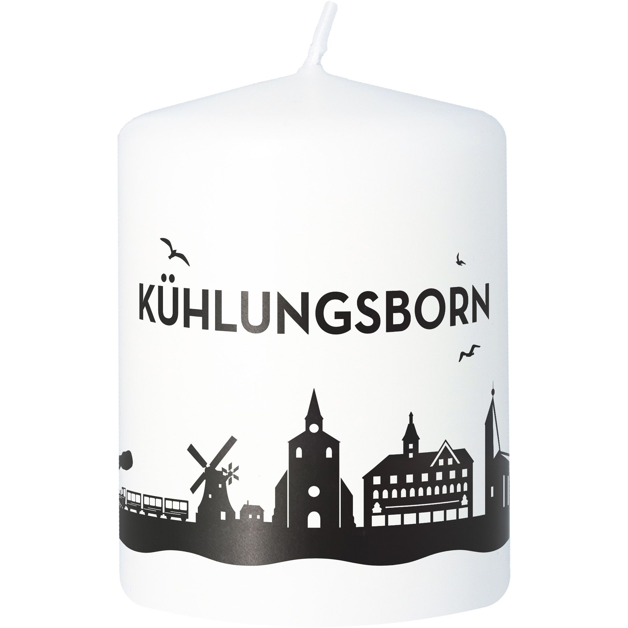 Stumpenkerze Skyline Kühlungsborn Weiß Stumpenkerze Skyline Kühlungsborn Weiß