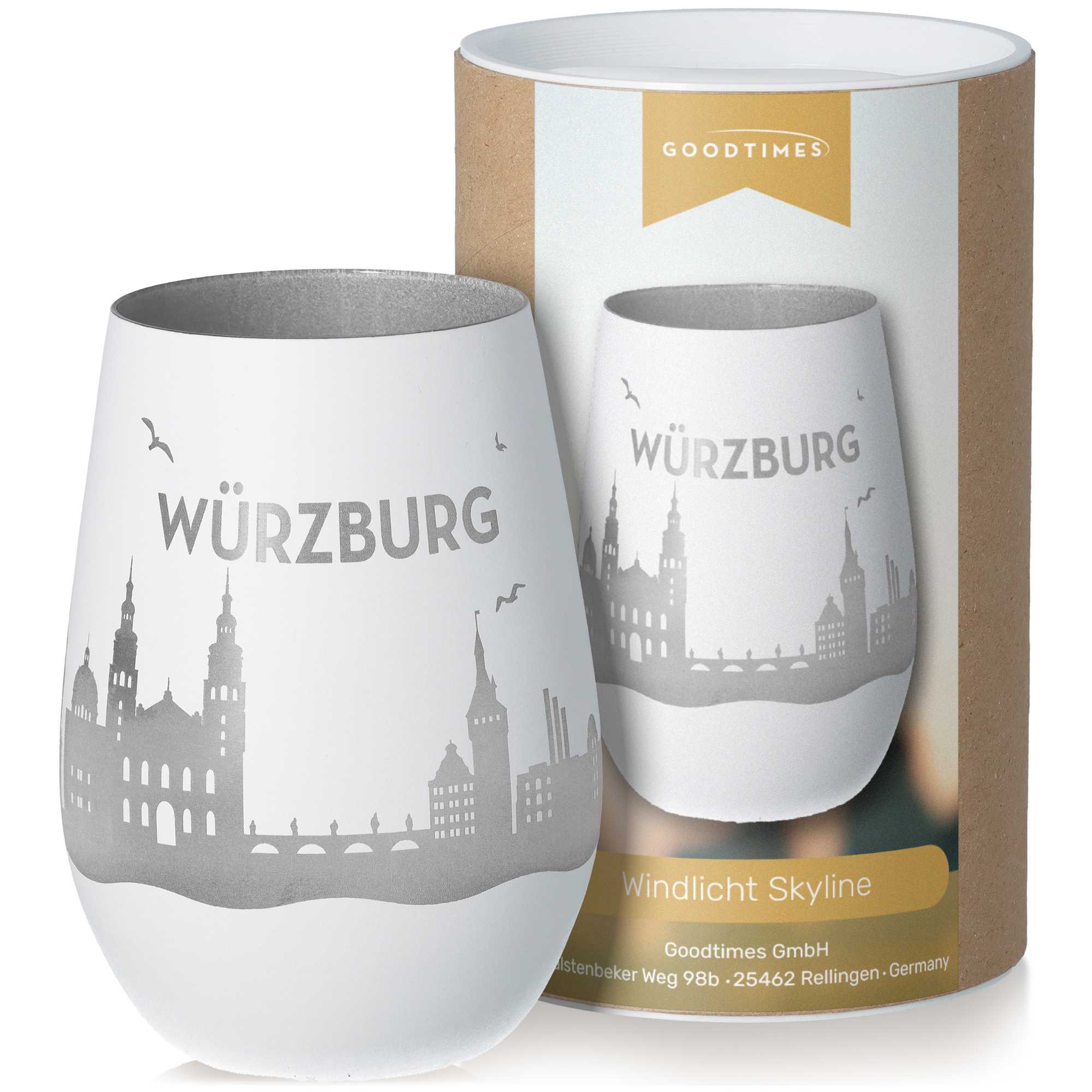 Windlicht Skyline Würzburg Weiß/Silber Töpferei, Glas, Tasse