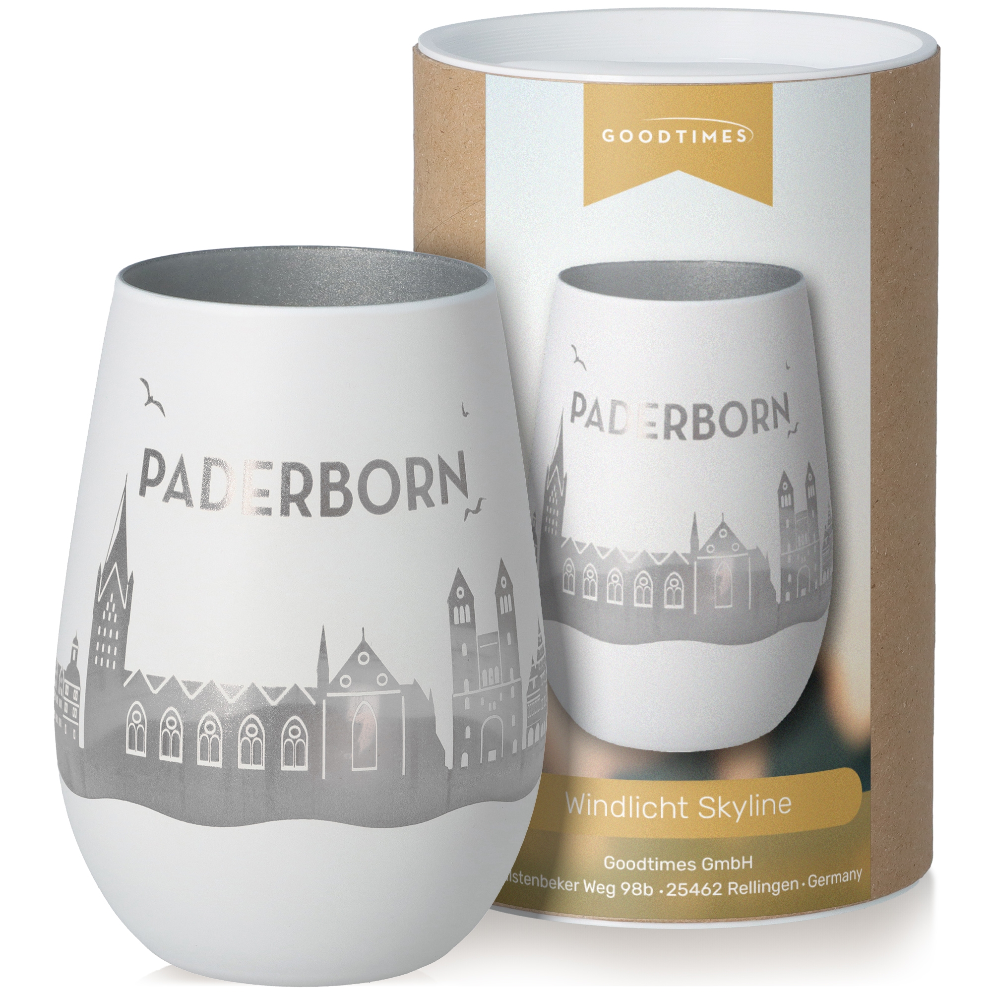Windlicht Skyline Paderborn Weiß/Silber Töpferei, Tasse, Glas