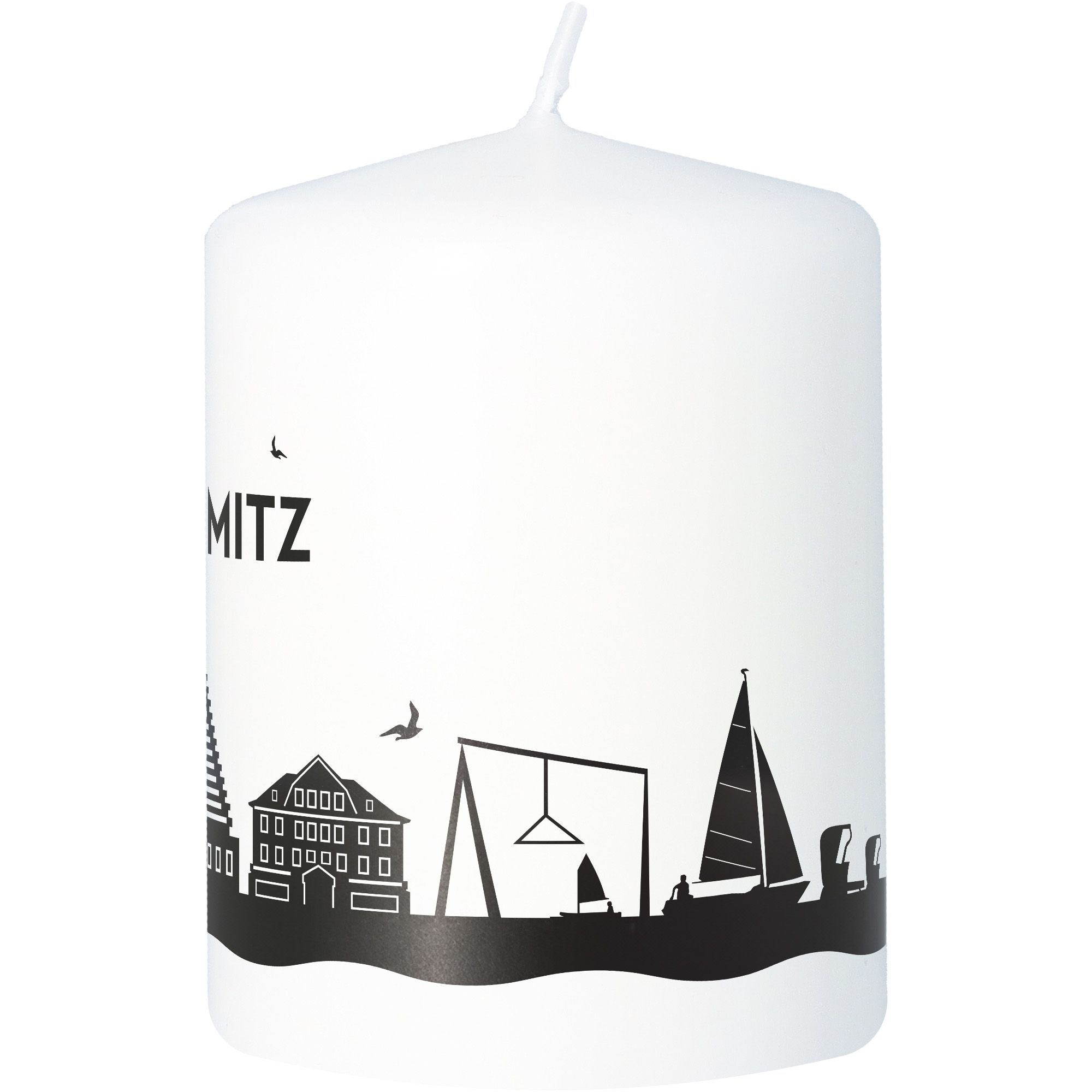 Stumpenkerze Skyline Grömitz Weiß Tier, Vogel, Kerze