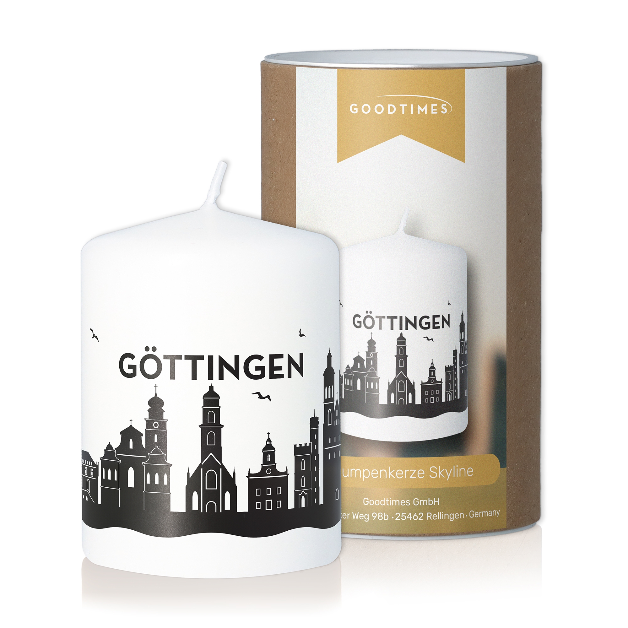 Stumpenkerze Skyline Göttingen Weiß Flasche