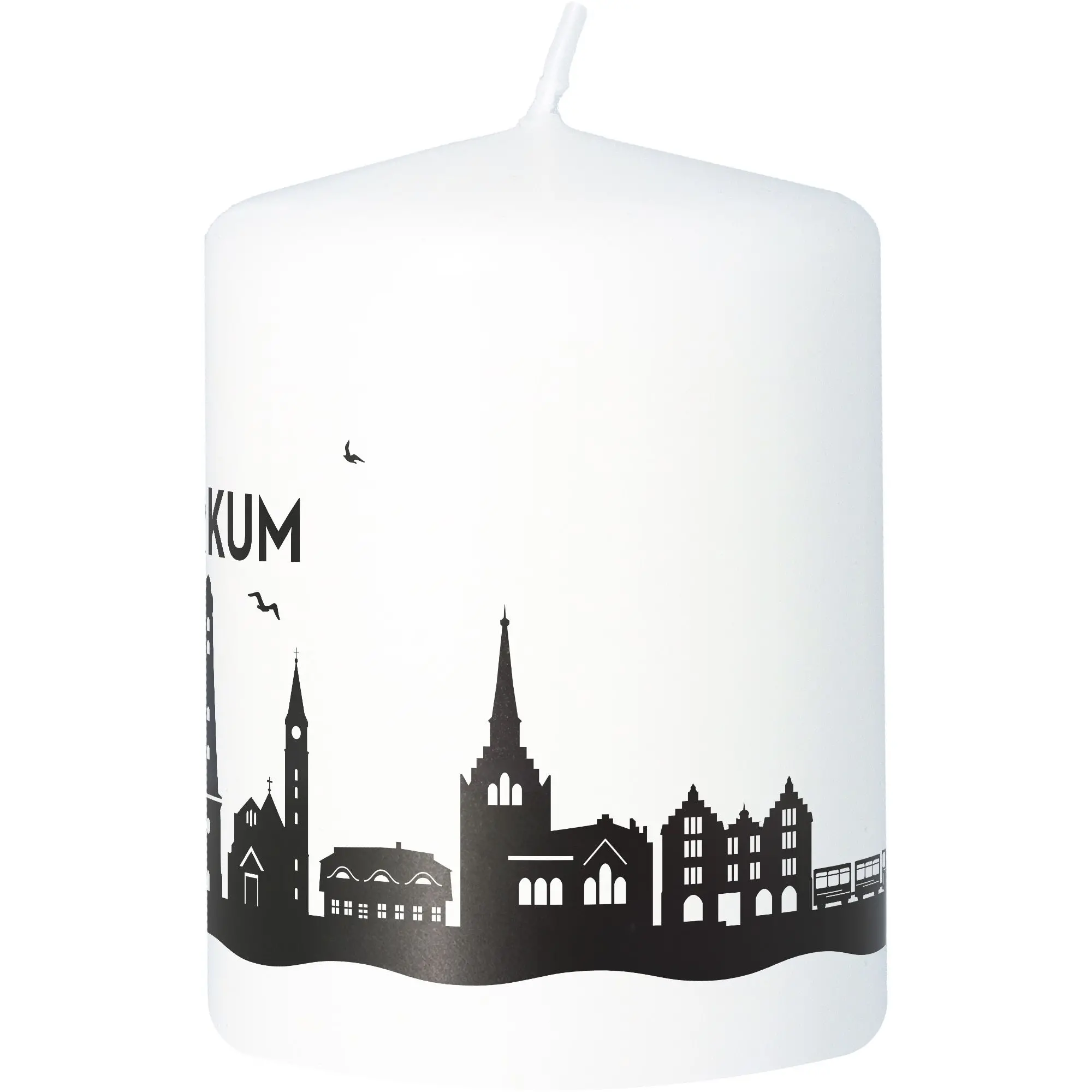 Stumpenkerze Skyline Borkum Weiß