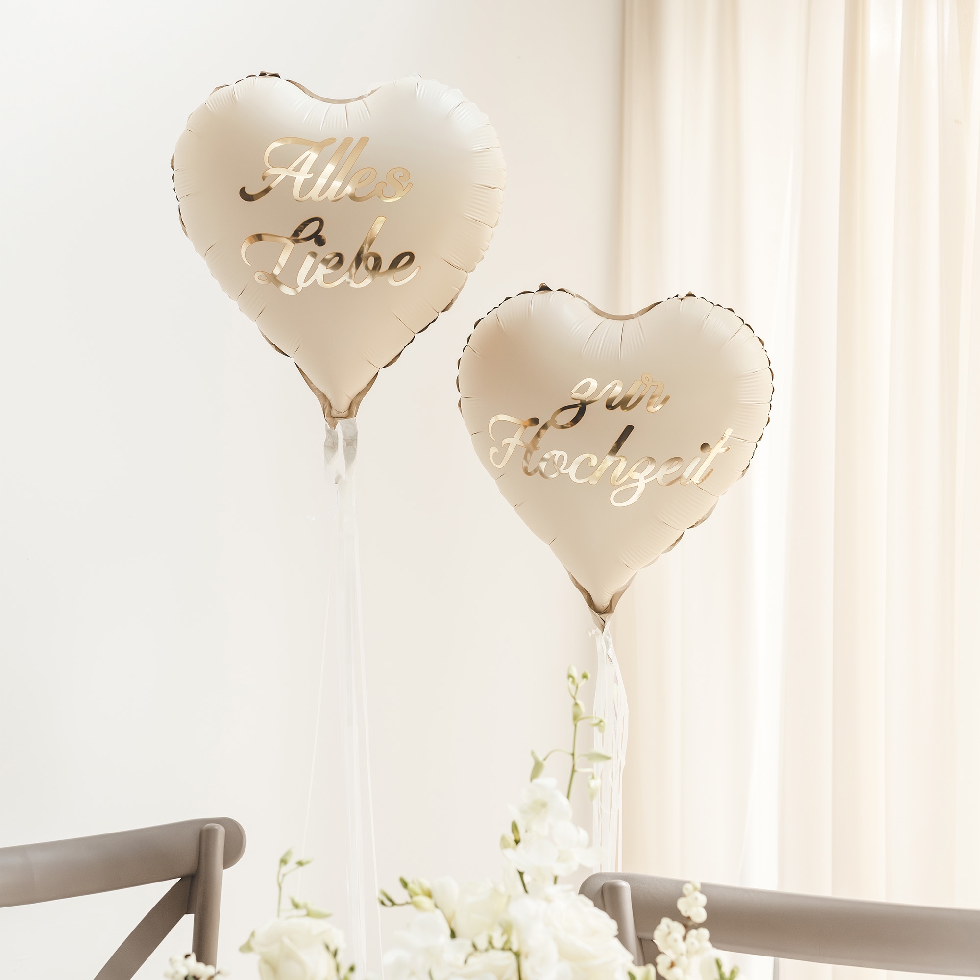 2 Folienballons Herzen "Alles Liebe & zur Hochzeit" 45cm Herzluftballon, Hochzeitsdeko, Beige Ballon, Romantische Dekoration, Ballon mit Aufschrift