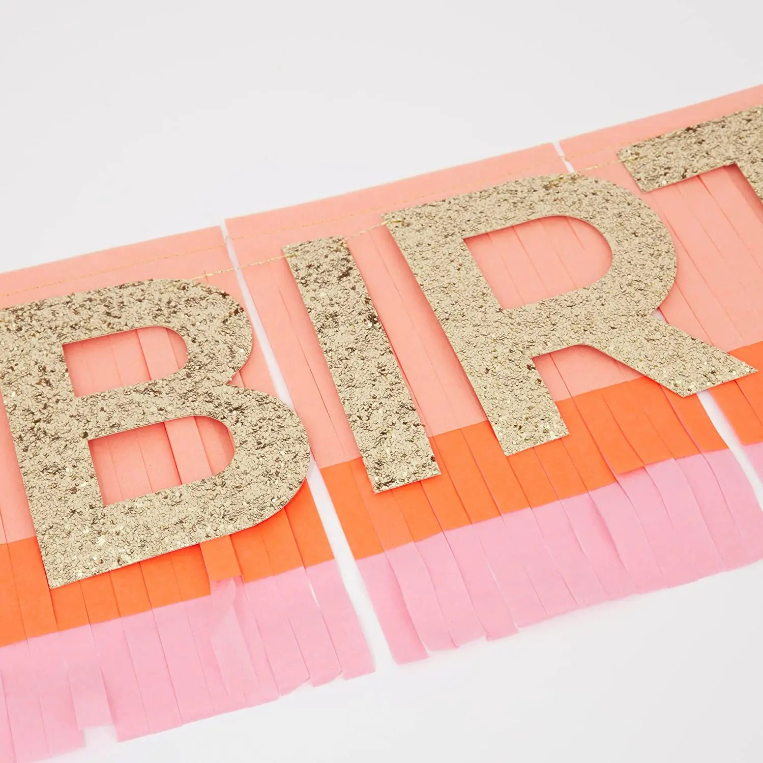 Meri Meri - "Happy Birthday" Fransengirlande, Rosa/Orange/Gold Glitzer