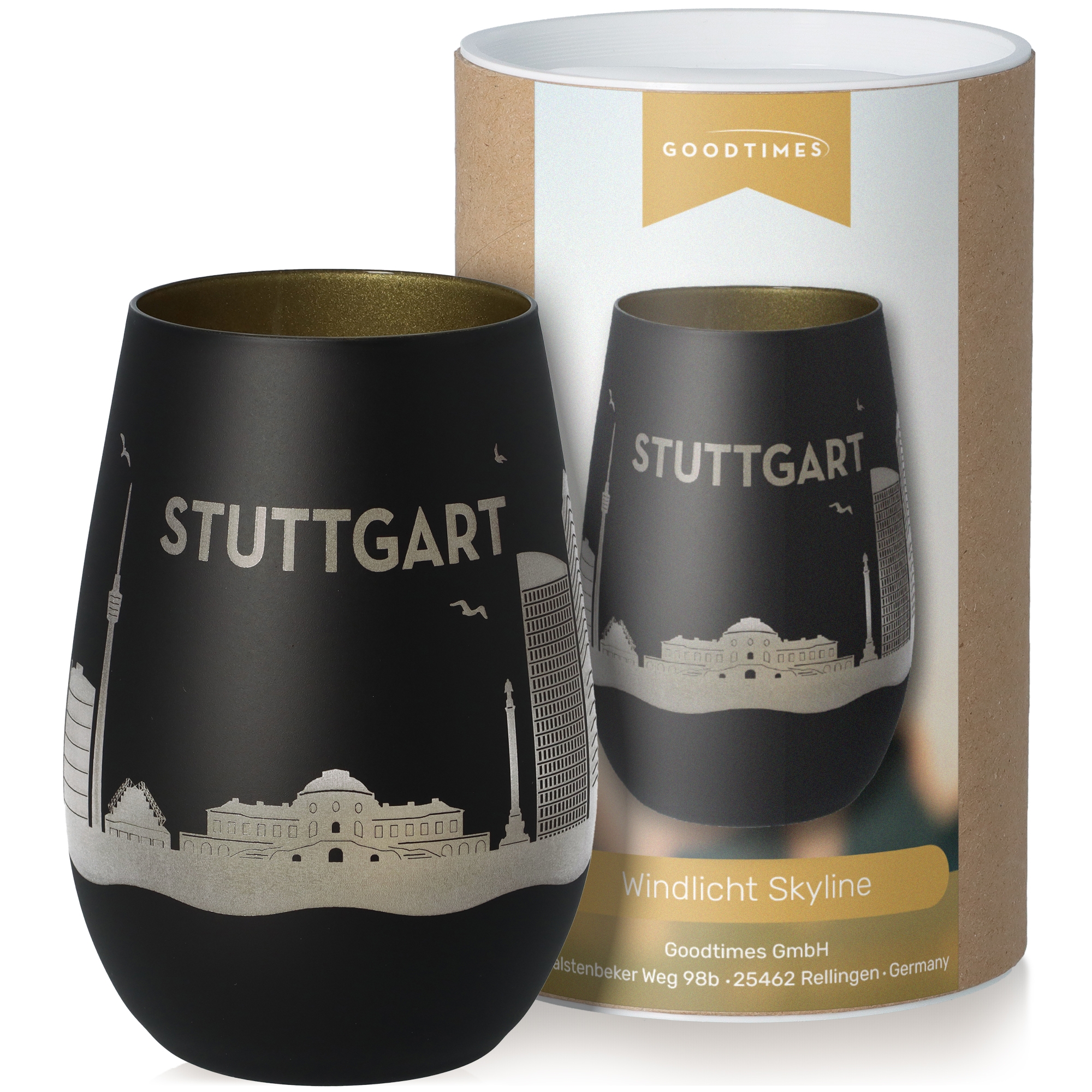 Windlicht Skyline Stuttgart Schwarz/Gold Krug, Töpferei, Tasse