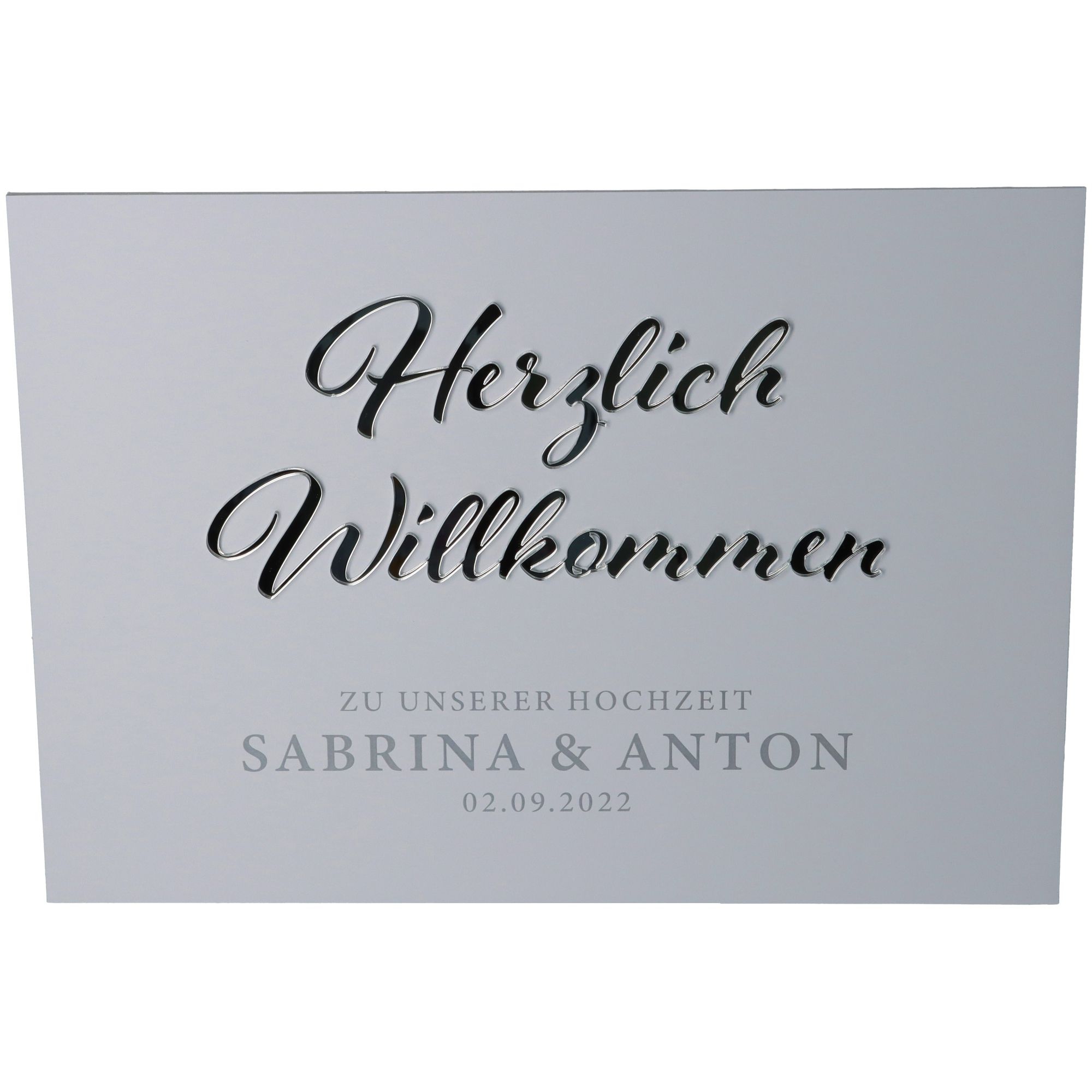 Willkommensschild Hochzeit "Namen & Datum" Silber Willkommensschild Hochzeit "Namen & Datum" Silber