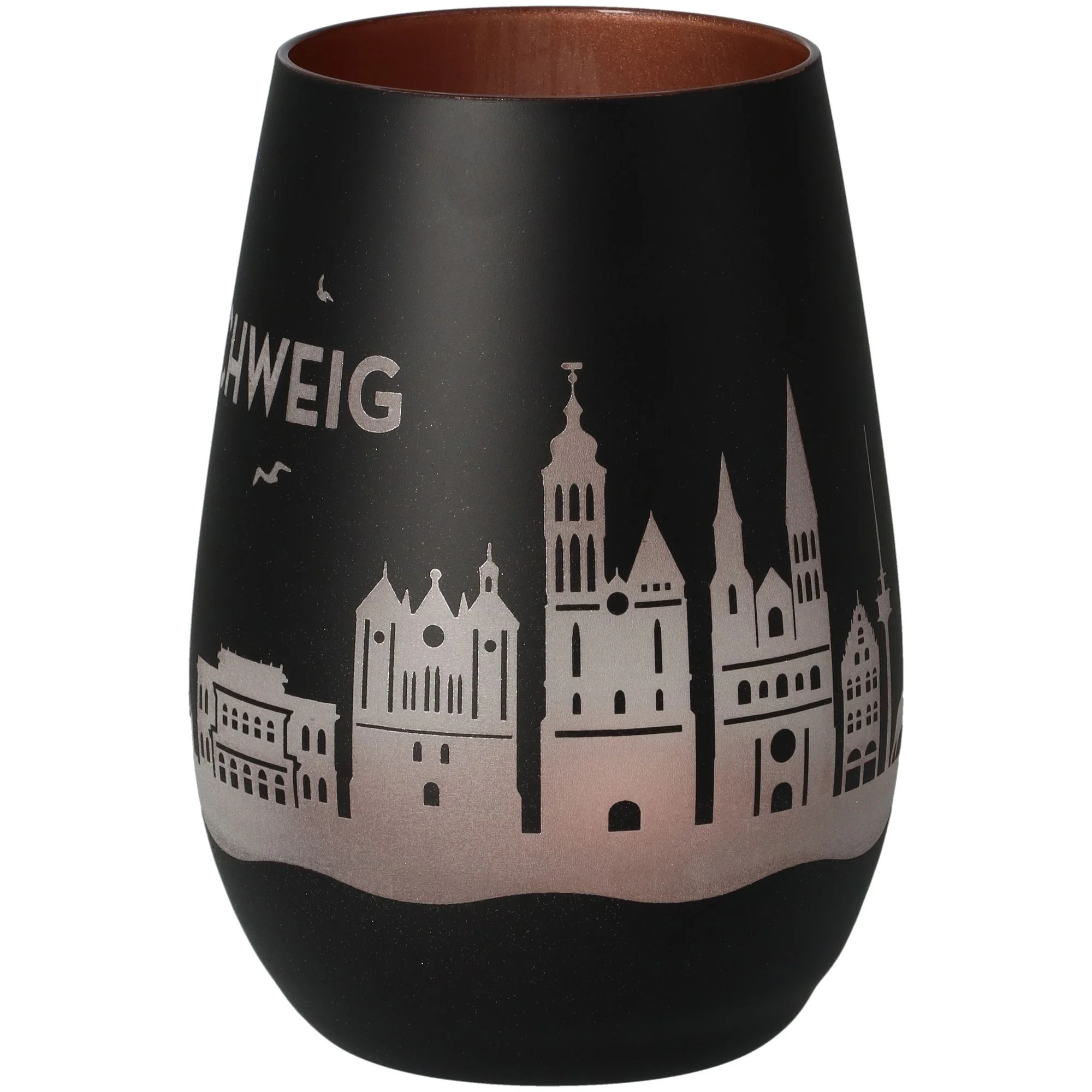 vase, keramik, schwarz, stadt skyline, roségrau innen
