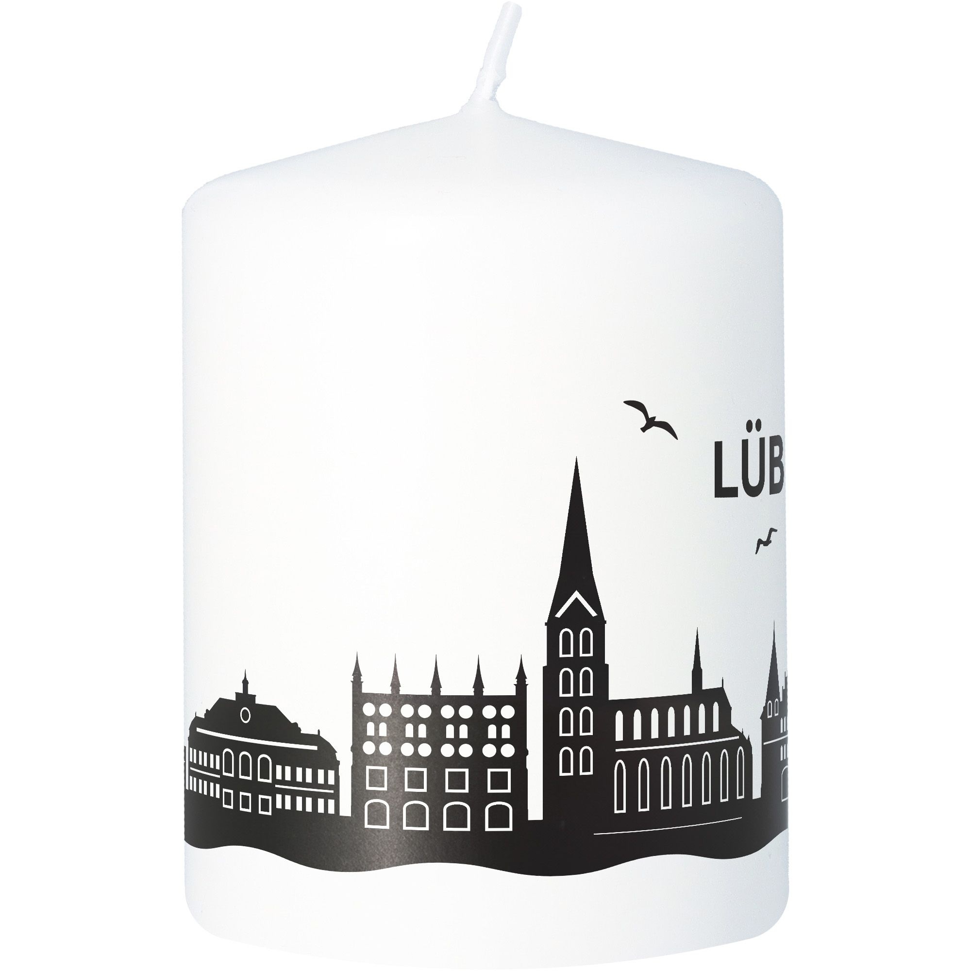Stumpenkerze Skyline Lübeck Weiß Kerze, Tier, Vogel