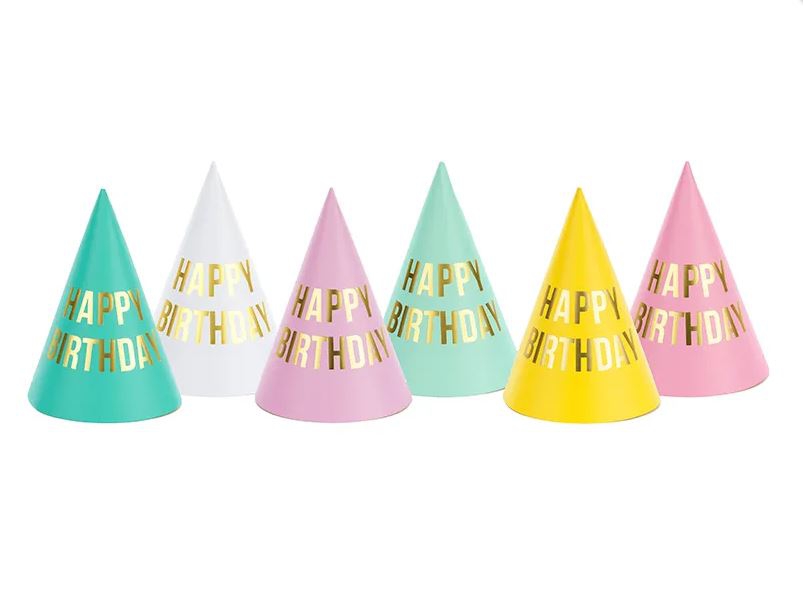 6 Partyhüte Pastellmix "Happy Birthday"