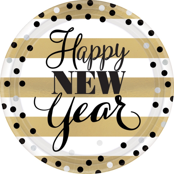 8 Pappteller "Happy New Year", gold/weiß Streifen 8 Pappteller "Happy New Year", gold/weiß Streifen