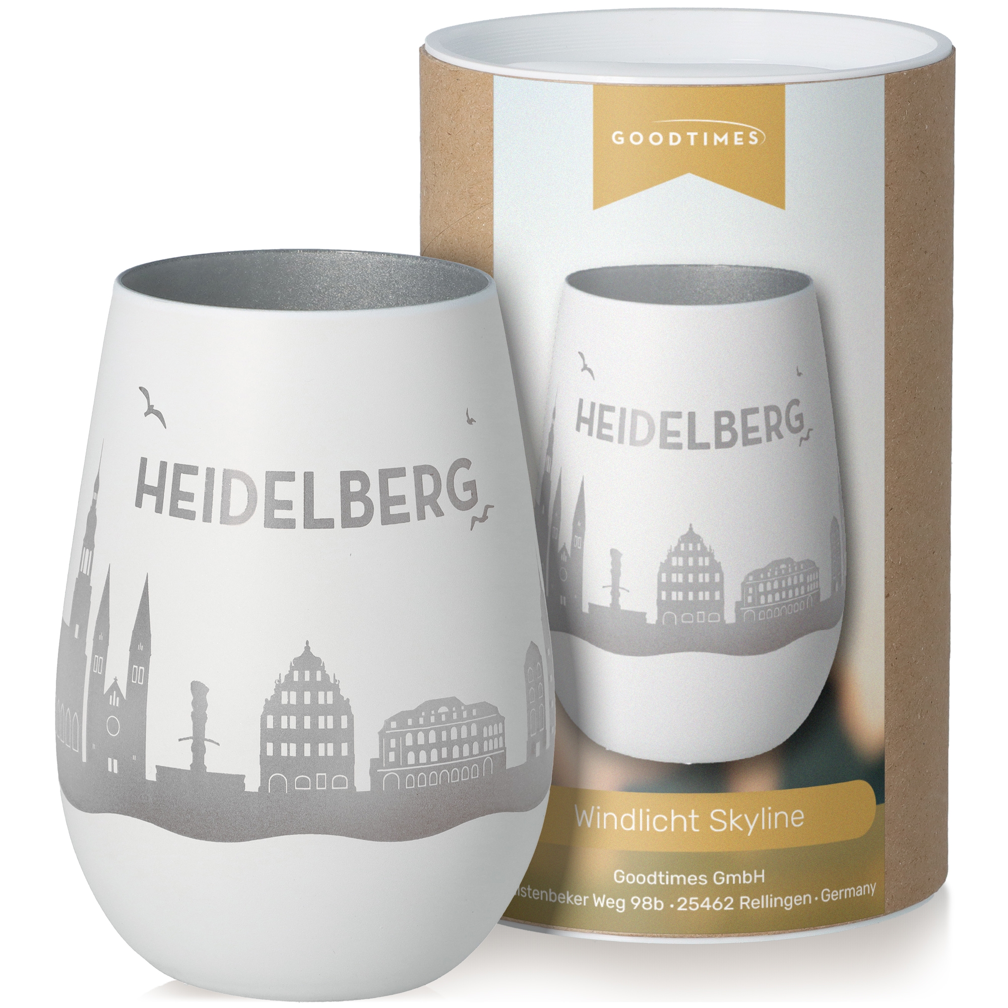 Windlicht Skyline Heidelberg Weiß/Silber Töpferei, Tasse, Kunst, Porzellan