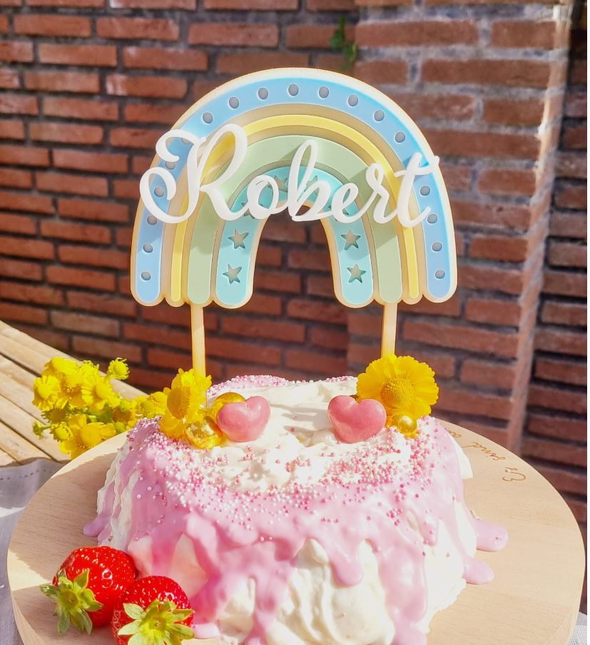 Cake Topper Regenbogen "Name" Stern aus Holz & Acryl
