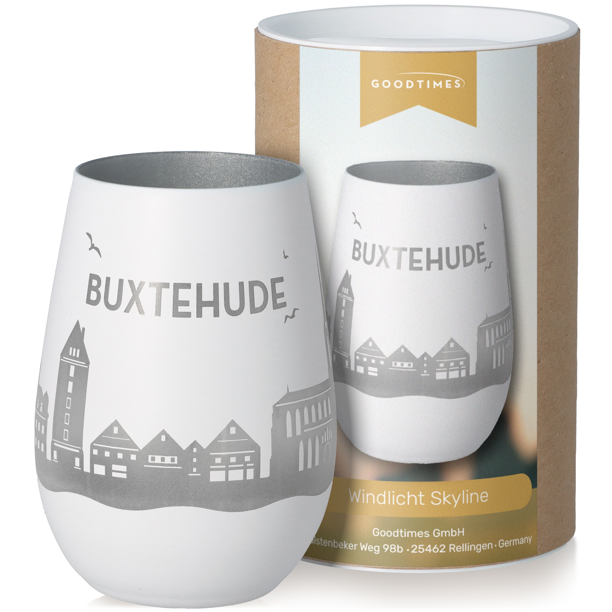 Windlicht Skyline Buxtehude Weiß/Silber Töpferei, Tasse, Krug, Glas