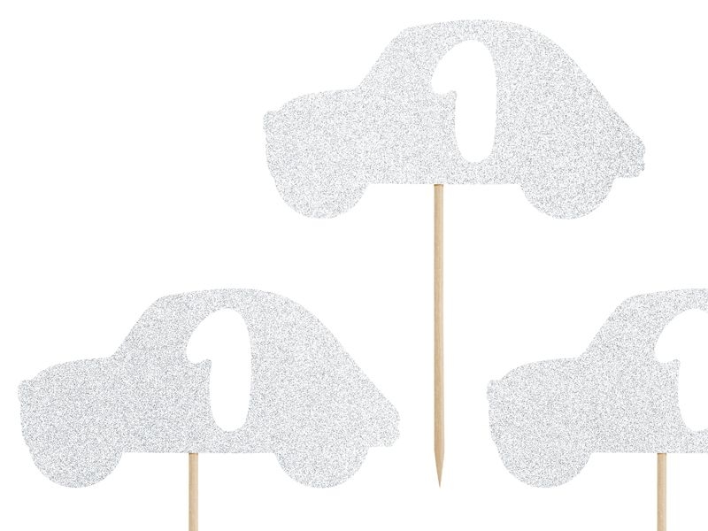 6 Cake Topper "Autos" zum 1. Geburtstag, silber 6 Cake Topper "Autos" zum 1. Geburtstag, silber
