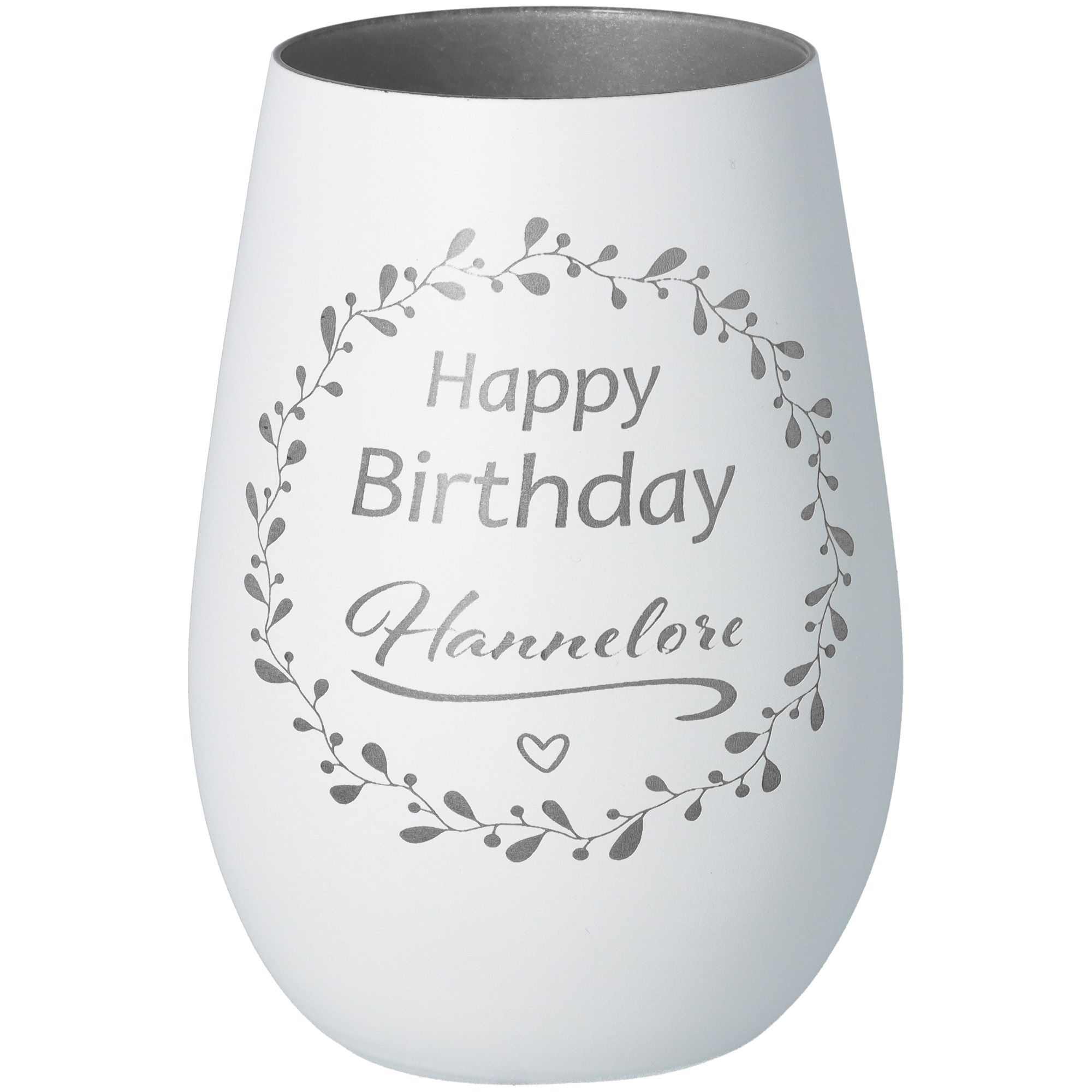 Windlicht Happy Birthday "Name" Weiß/Silber
