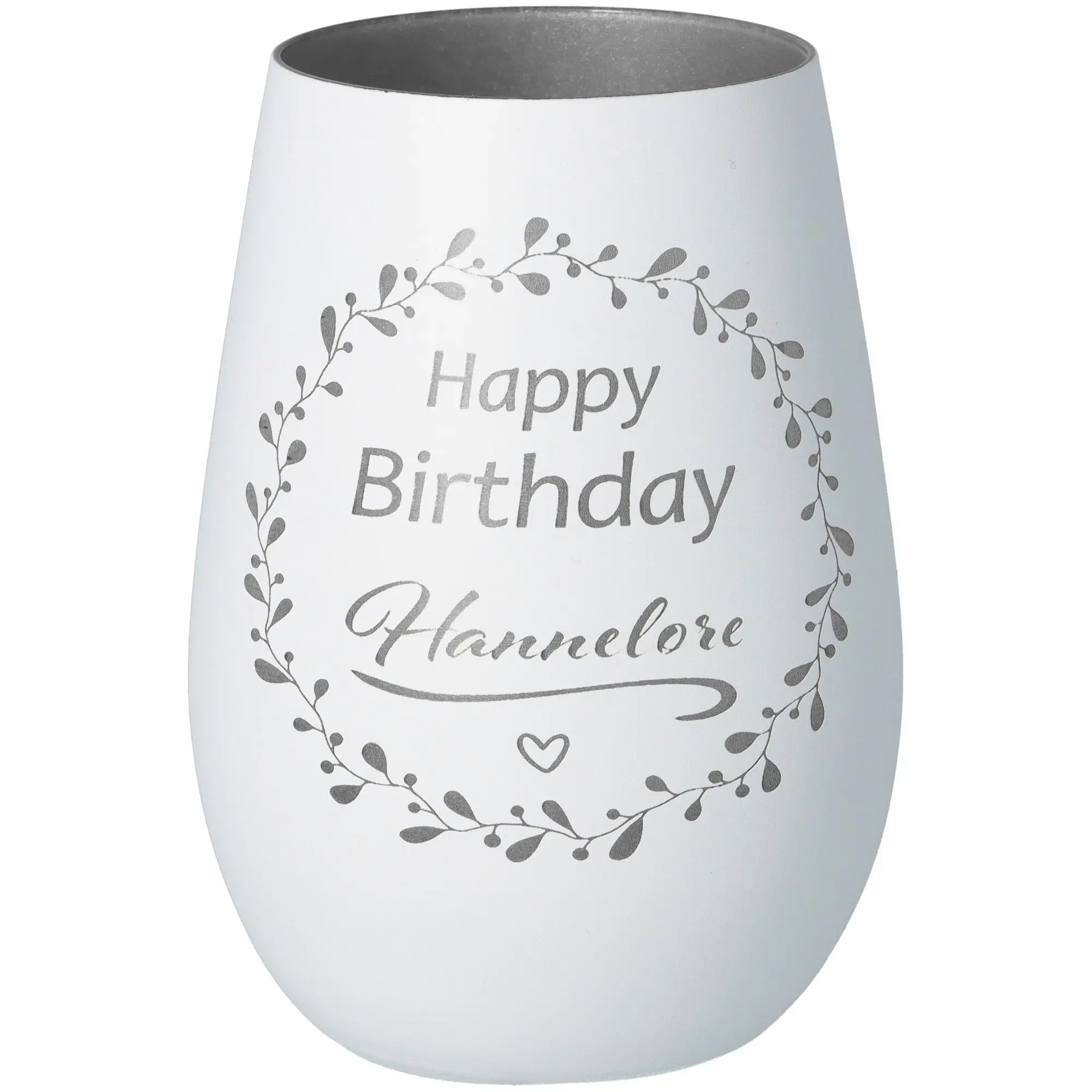 Windlicht Happy Birthday "Name" Weiß/Silber