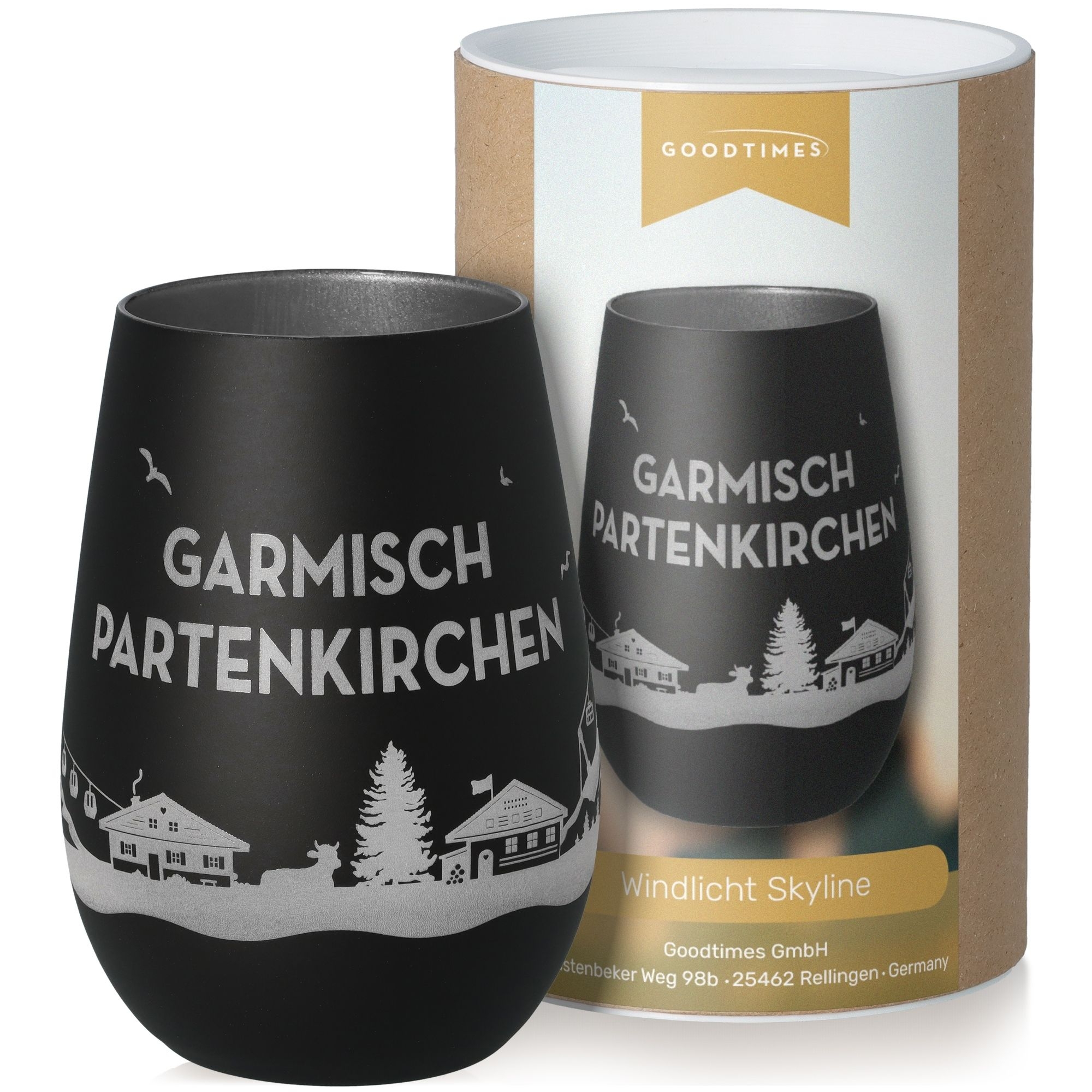 Windlicht Skyline Garmisch-Partenkirchen Schwarz/Silber Krug, Töpferei