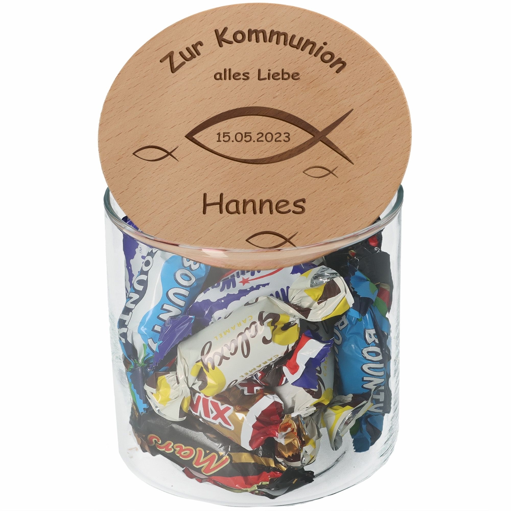7b4476cb07d9570bc52ea223c9c05b95870c1a15 Geschenkglas Kommunion "Name & Datum" 530ml