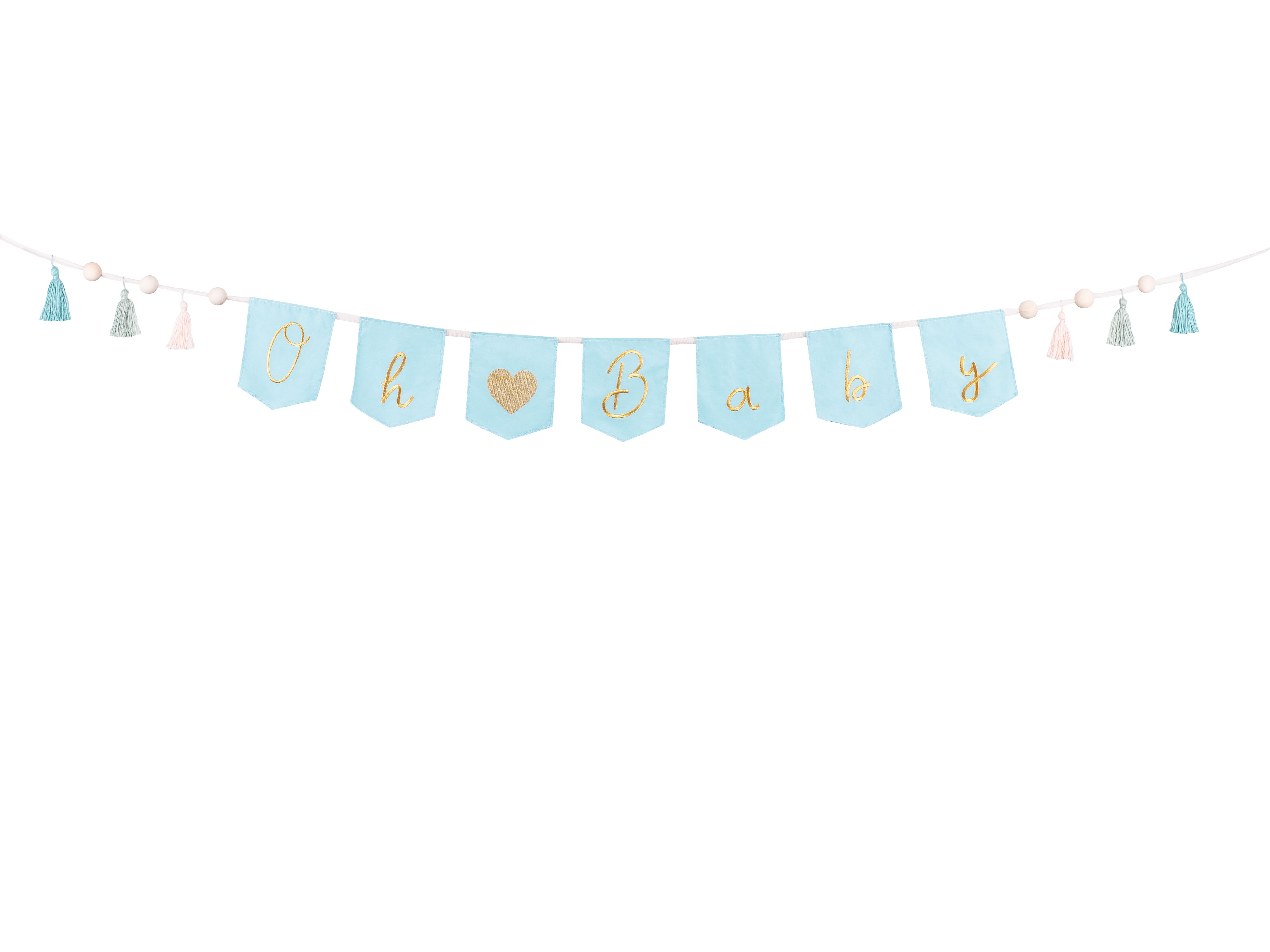Stoffgirlande "Oh ♥ Baby" mit Tasseln Hellblau/Gold