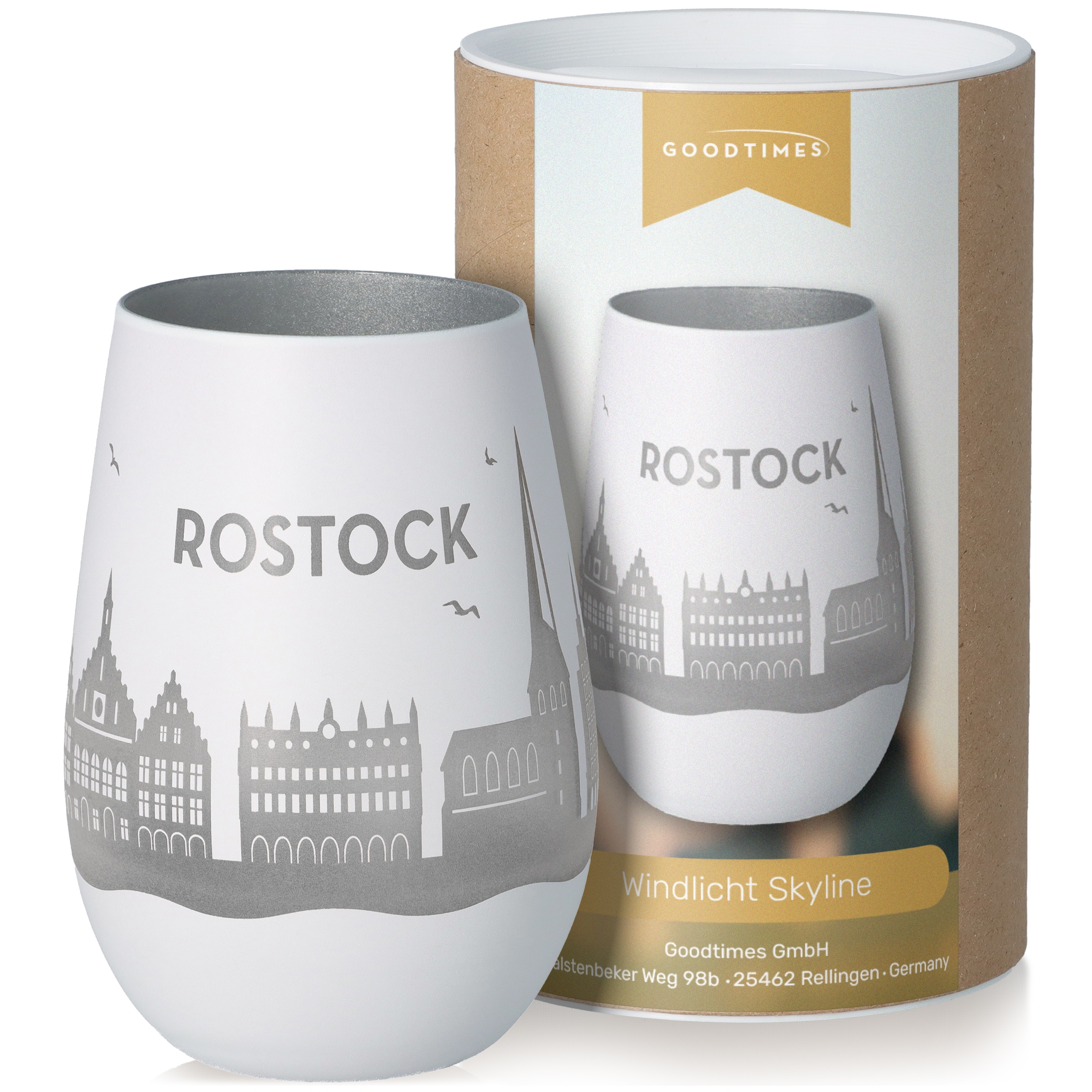 Windlicht Skyline Rostock Weiß/Silber Töpferei, Tasse, Krug, Kunst, Porzellan
