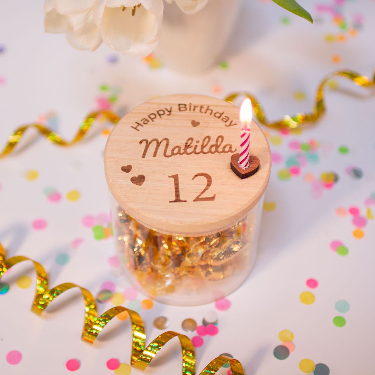 Geschenkglas Happy Birthday mit Herzen