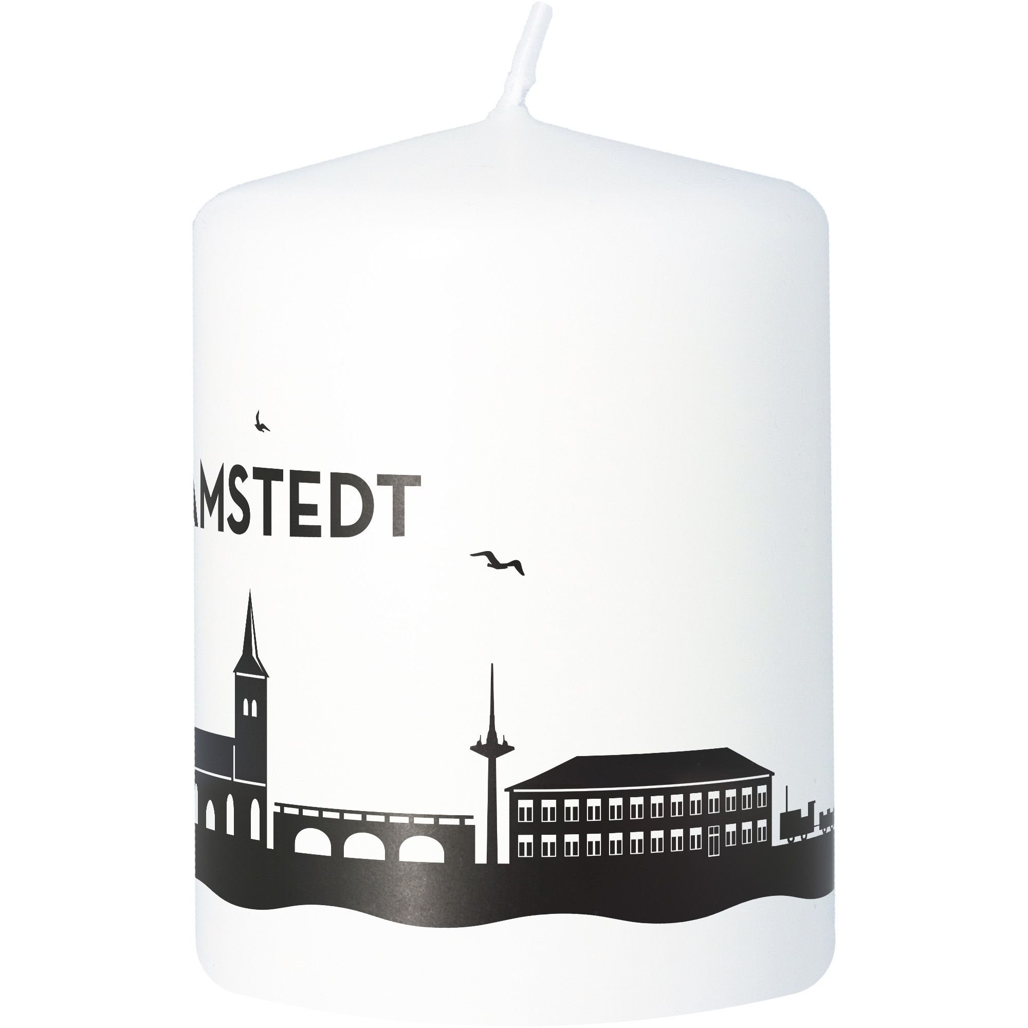 Stumpenkerze Skyline Bad Bramstedt Weiß Kerze, Tier, Vogel