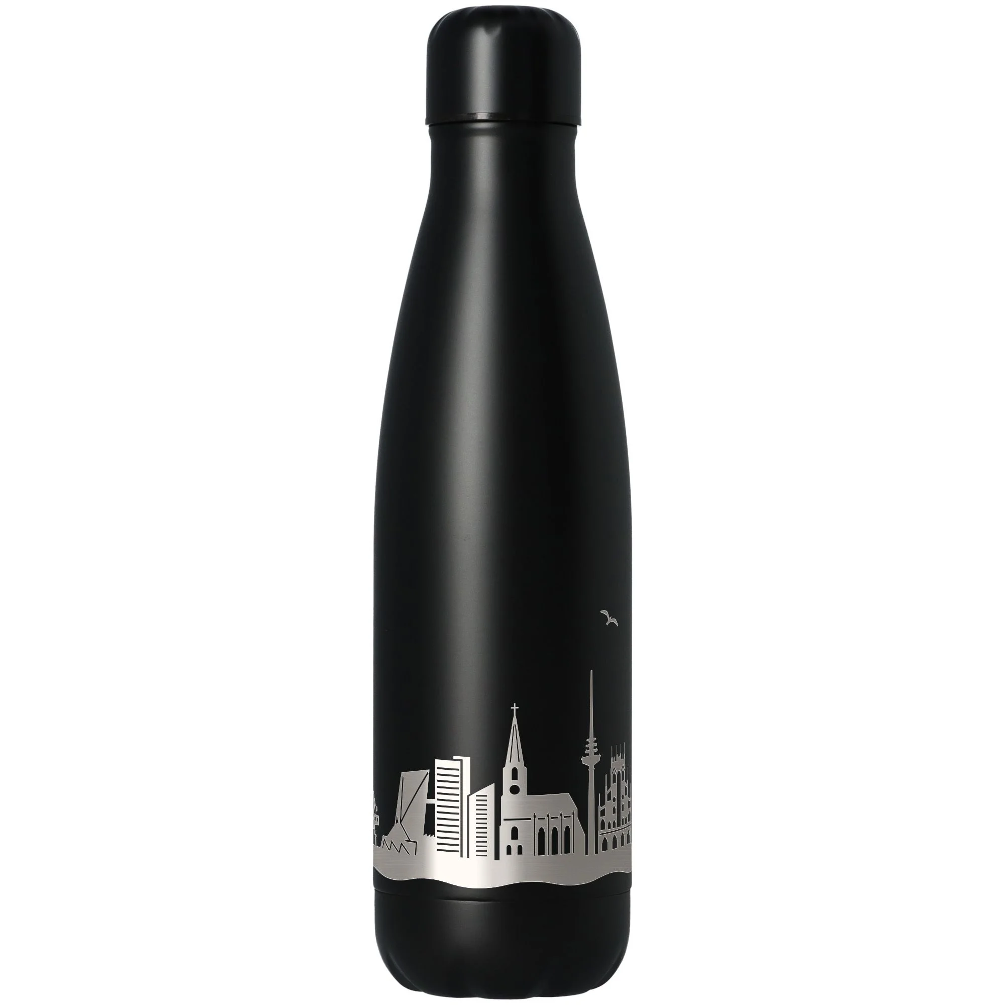 flasche, Thermos, Edelstahl, schwarz, Stadt-Silhouette