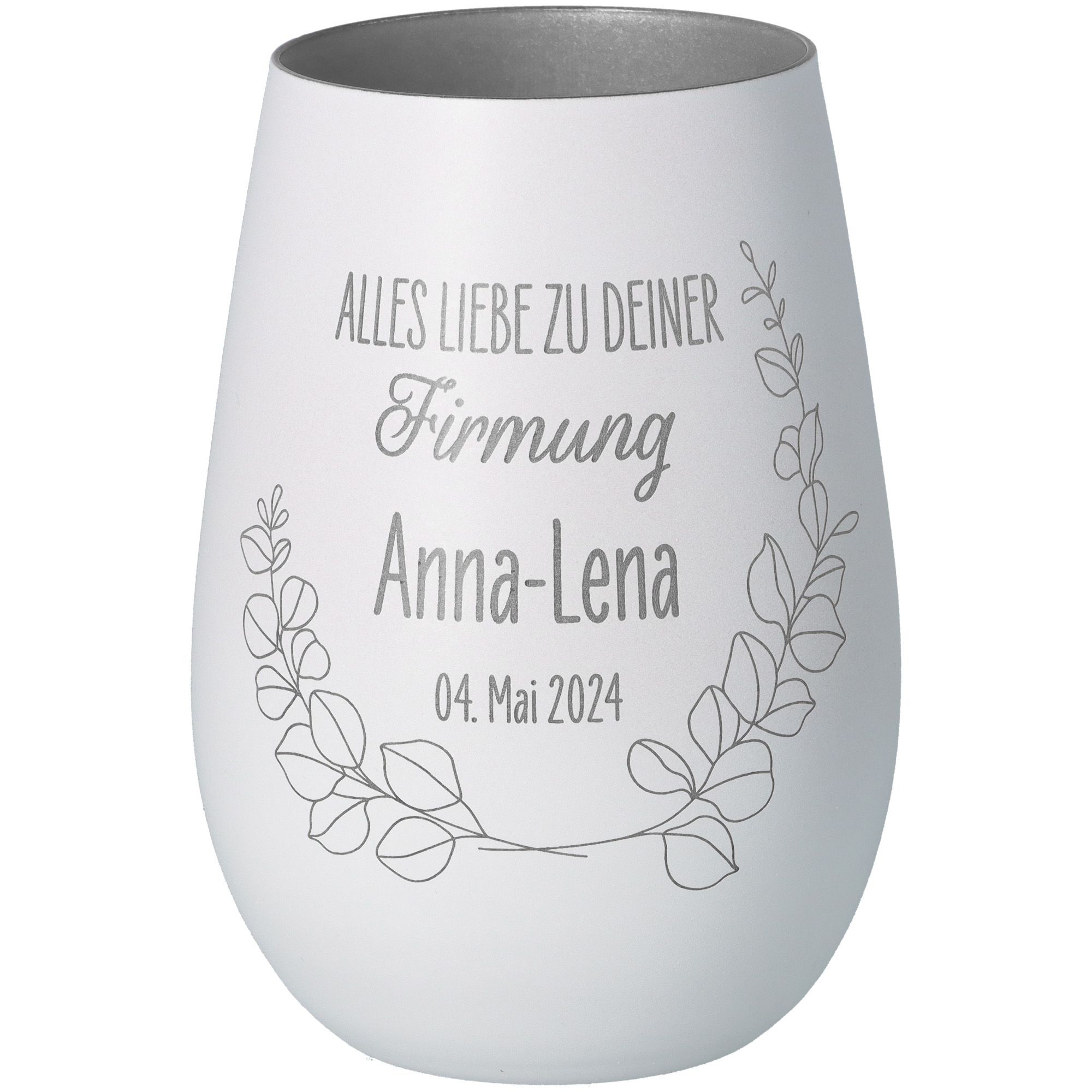 Windlicht Firmung Weiß/Silber "Name + Datum" Windlicht Firmung Weiß/Silber "Name + Datum"