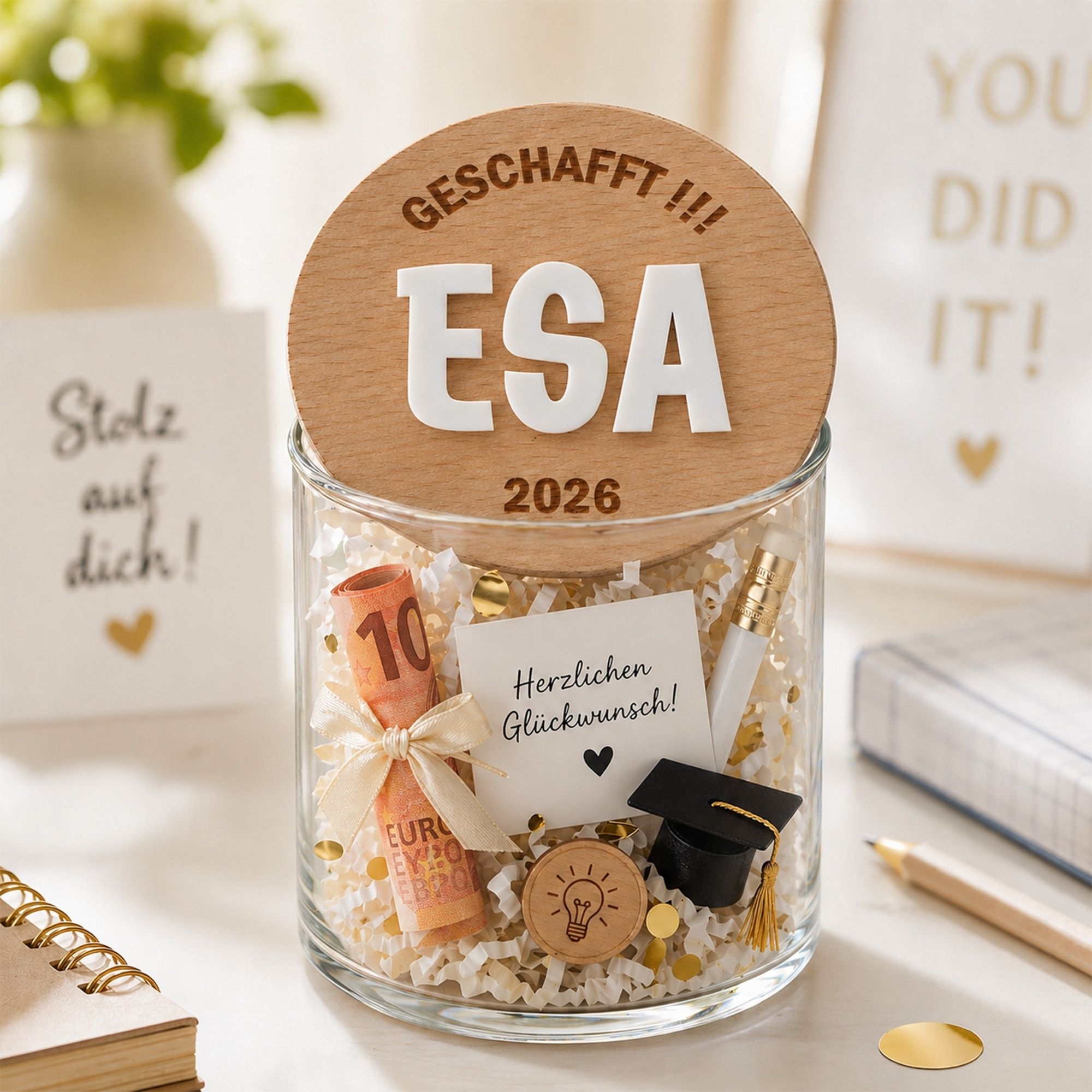Geschenkbox, ESA 2026, Glückwunsch, Deko-Glas, Rollkork?