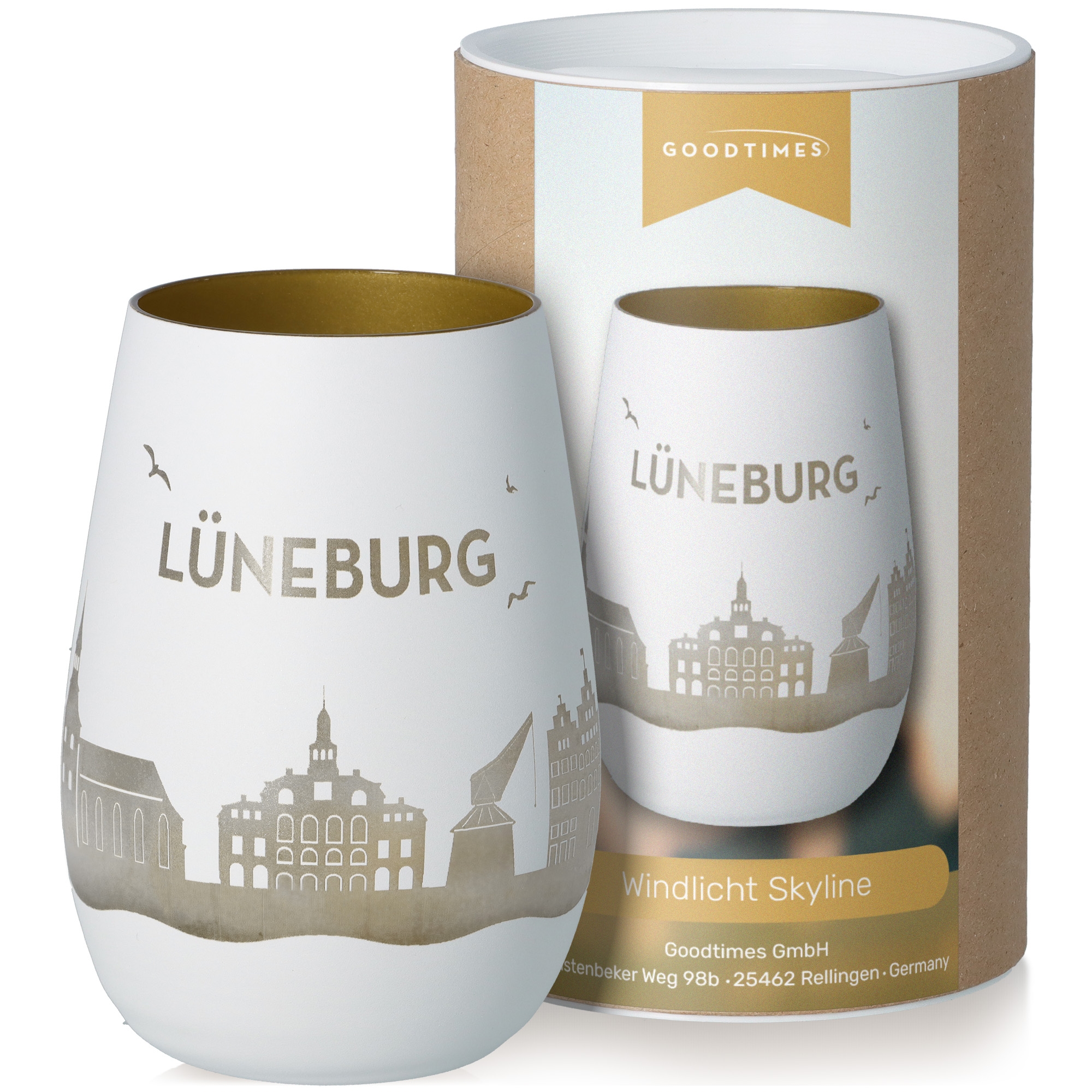 Windlicht Skyline Lüneburg Weiß/Gold Töpferei, Krug, Tasse, Glas